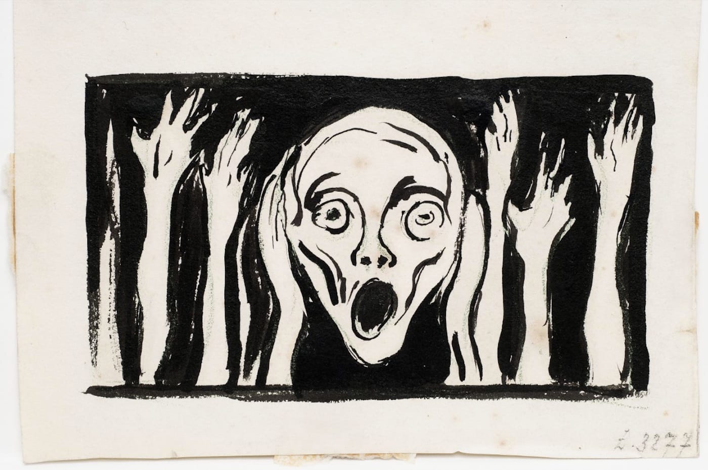 Edvard Munch, "'Scream' Head and Raised Arms" (ca 1898), brush, crayon, green