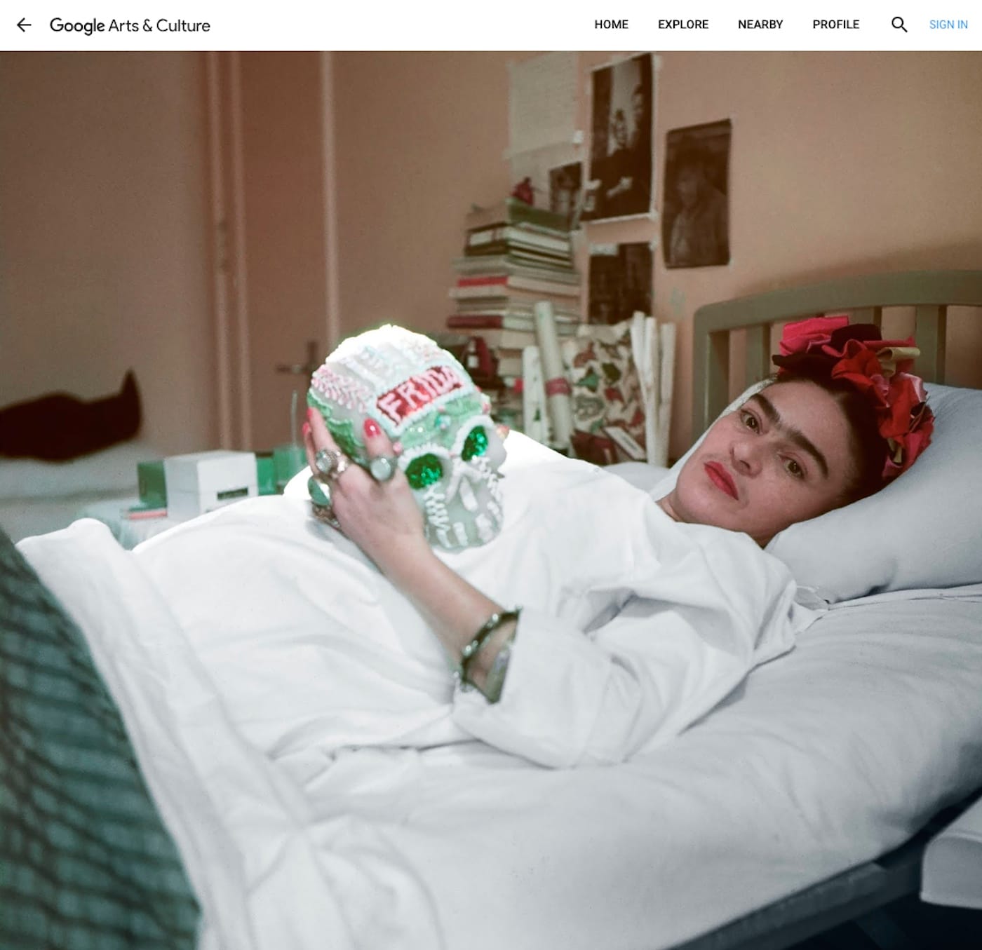 Screenshot featuring Juan Guzmán's photo of Frida Kahlo posing with a sugar skull (ca 1950–51)