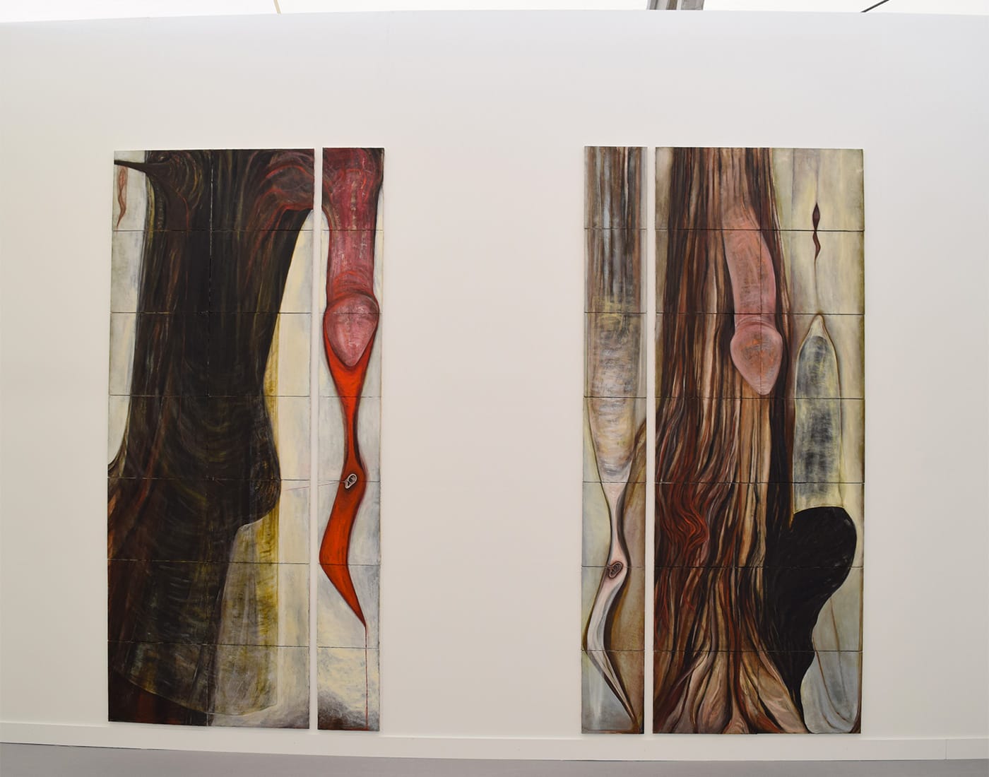 Mira Schor's monumental paintings "Strange Fruit" (1988, left) and "Dicks of the Impregnation of the Universe" (1988, right) in the Lyles & King booth at Frieze New York