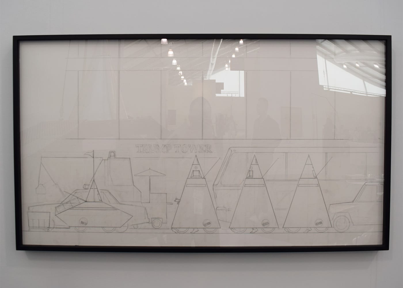 Krzysztoff Wodiczko, "Drawing for Poliscar" (1991), picturing the vehicles for homeless individuals passing by Trump Tower