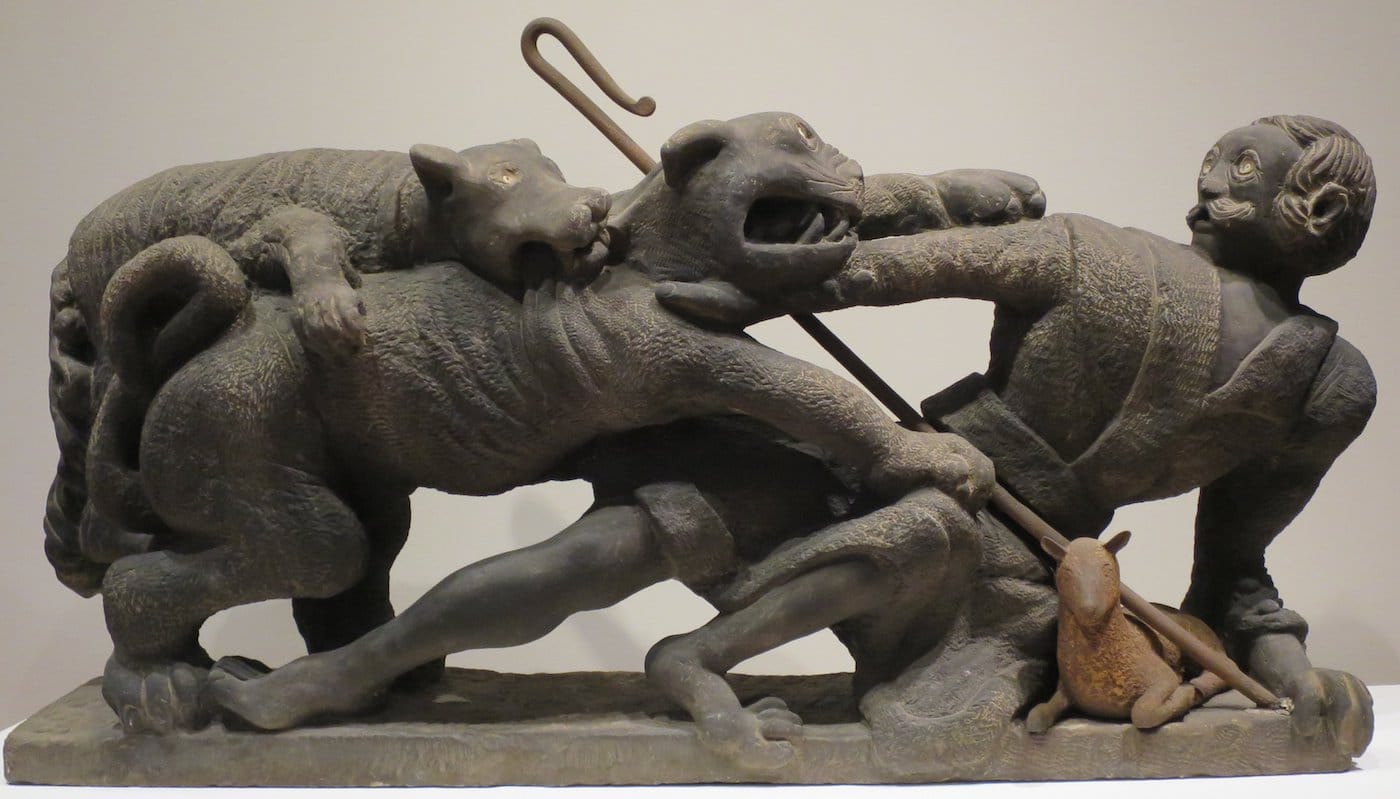 Henry Church, "A Friend in Need is a Friend Indeed" (1888), sandstone and iron, High Museum of Art, Atlanta (photo by Wmpearl, via Wikimedia Commons)