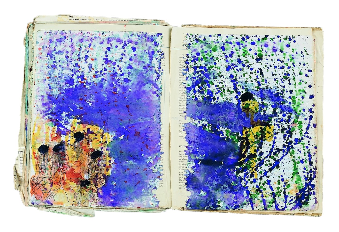 Purvis Young, "Untitled book page" (1983), found book with drawings glued to cover and interior, ballpoint pen, marker, paint on paper, Virginia Museum of Fine Arts; Adolph D. and Wilkins C. Williams fund and partial gift of the Souls Grown Deep Foundation (photo by Dan Jurgens; © Estate of Purvis Young / Artist Rights Society (ARS), New York)