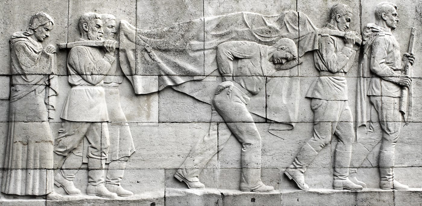 A war scene depicted in one of the monuments found in Treptower Park and seen in Victory Day (2018)