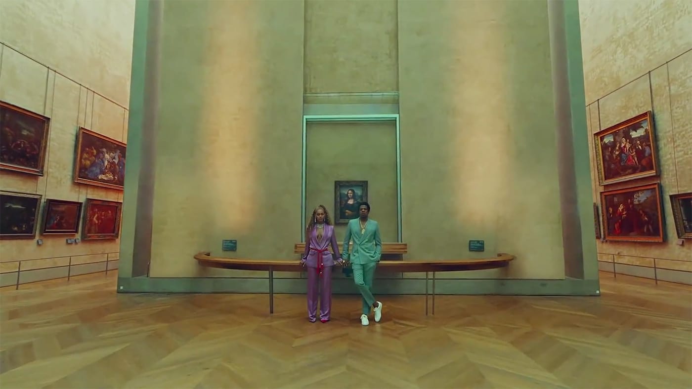 Beyoncé and Jay-Z in front of Leonardo da Vinci's Mona Lisa in the video for "Apeshit"