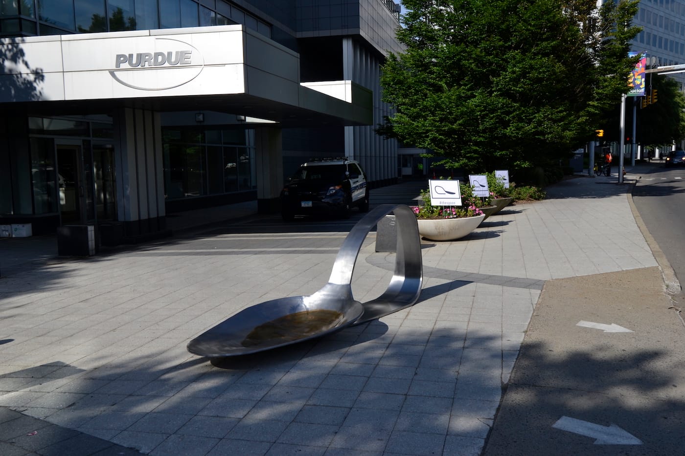 Domenic Esposito's spoon sculpture in the driveway of Purdue Pharma's headquarters in Stamford, Connecticut. (photo by Brian F. O'Neill, 2018)