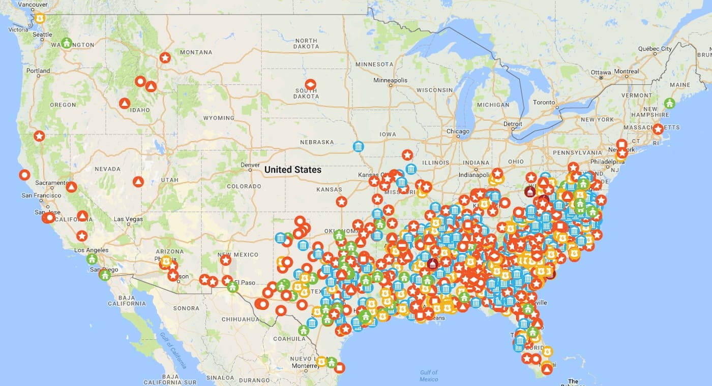 A map of all known Confederate monuments and symbols in the public sphere, compiled by Southern Poverty Law Center (all images courtesy of SPLC)