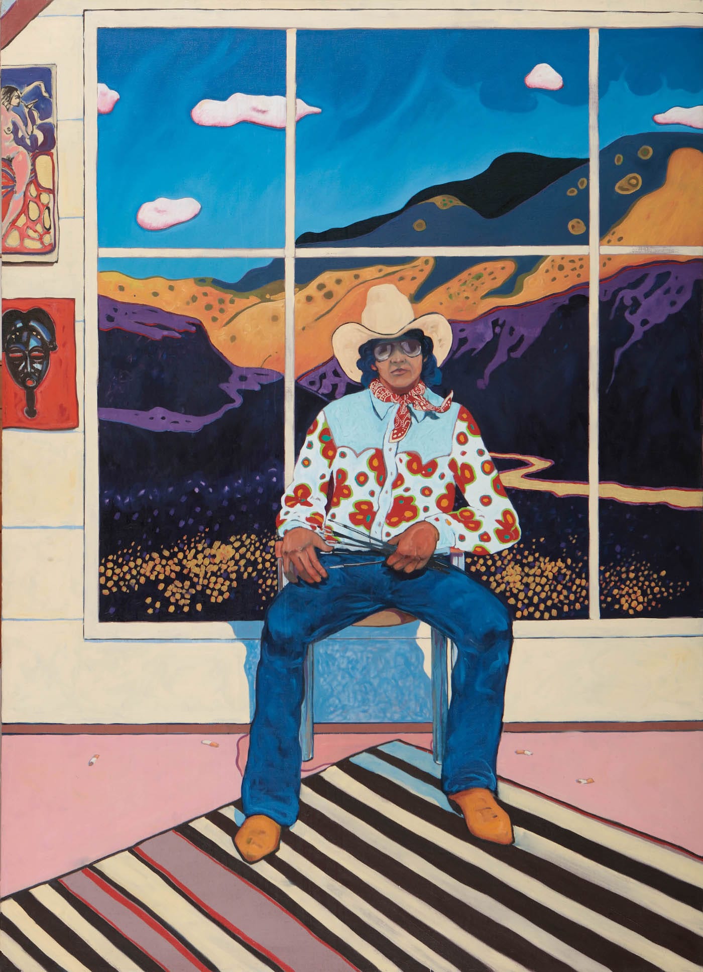 T. C. Cannon, "Self-Portrait in the Studio" (1975), oil on canvas, collection of Richard and Nancy Bloch (© 2017 Estate of T.C. Cannon; photo by Addison Doty)