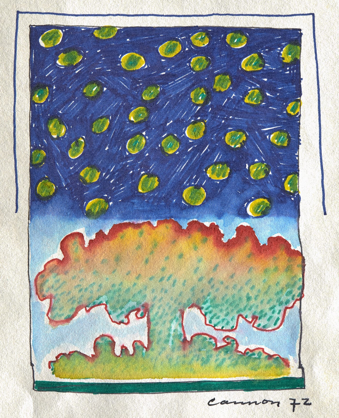 T.C. Cannon, "Bombs and Circles" (1972), watercolor on paper (photo by Allison White; © 2017 Estate of T.C. Cannon)