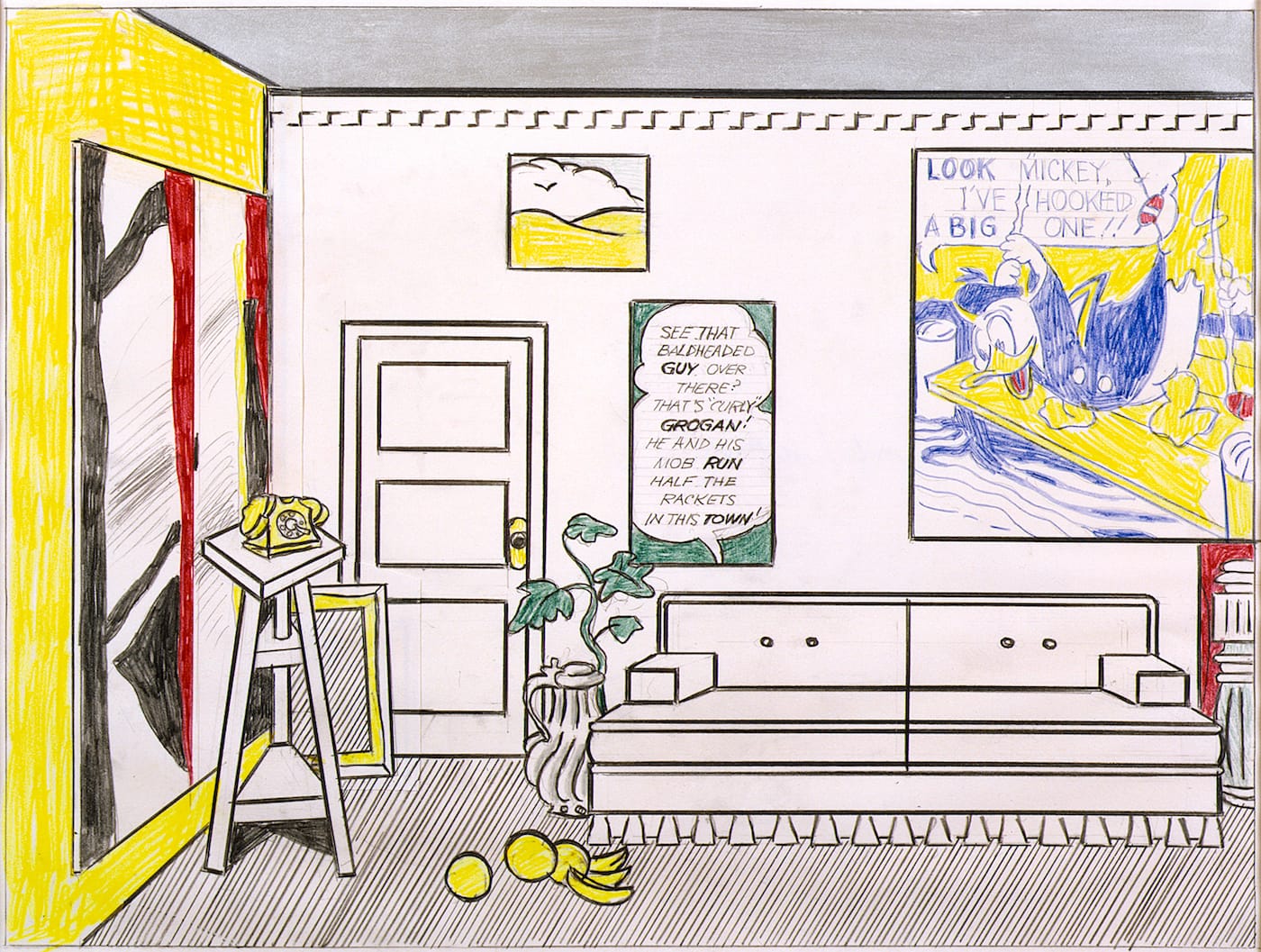 Roy Lichtenstein, "Artist's Studio 'Look Mickey' (Study)" (1973), graphite pencil, colored pencil, Magna, cut paper drawn on with graphite pencil, and colored pencil on paper, 19 3/4 x 23 3/4 in (© Estate of Roy Lichtenstein)