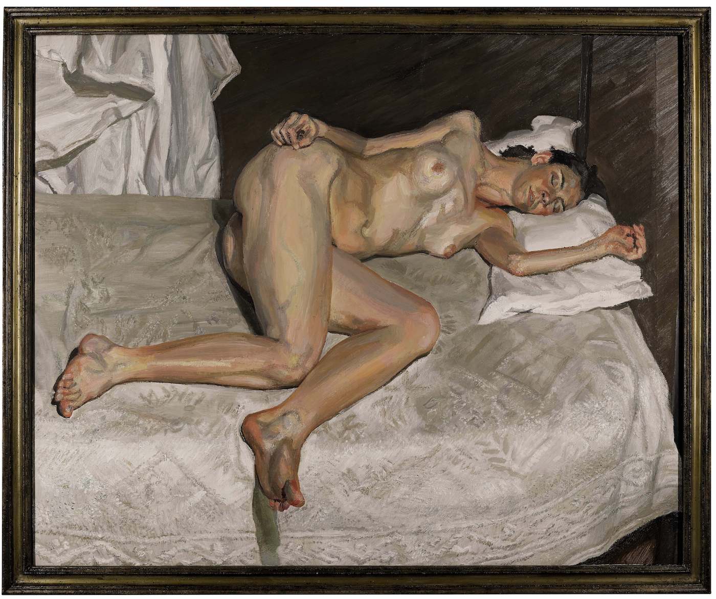 Lucian Freud, "Portrait on a White Cover" (2002–03), oil on canvas, 45 7/8 x 56 1/4 in, sold for £22,464,300 ($29,830,344) at Sotheby's (image courtesy Sotheby's)
