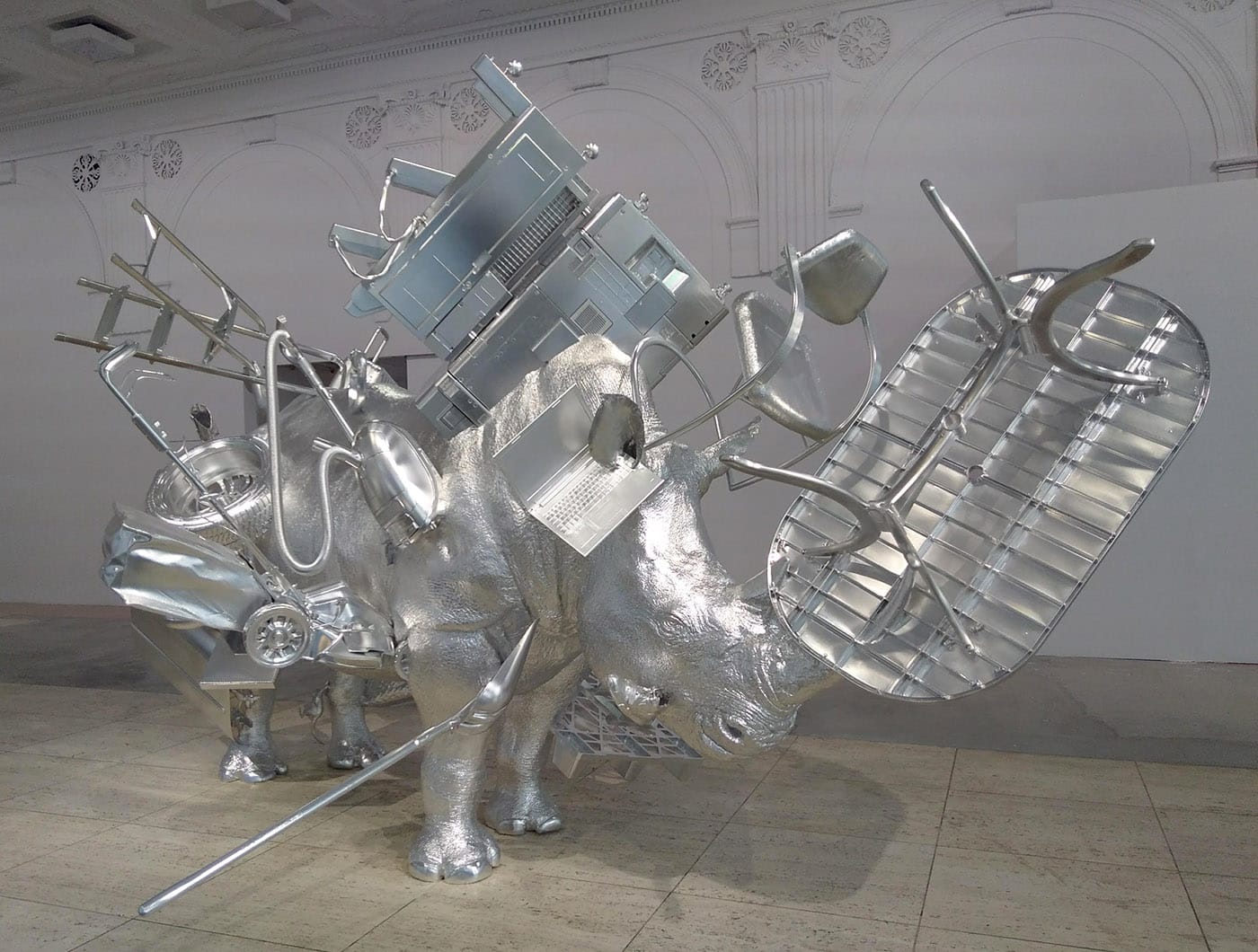 Urs Fischer, "Things" (2017), milled aluminum, steel, power magnets, two-component epoxy adhesive, 125 1/4 × 204 3/8 × 118 1/2 in, edition of 3 + 1 AP (work © Urs Fischer; photo by the author for Hyperallergic)