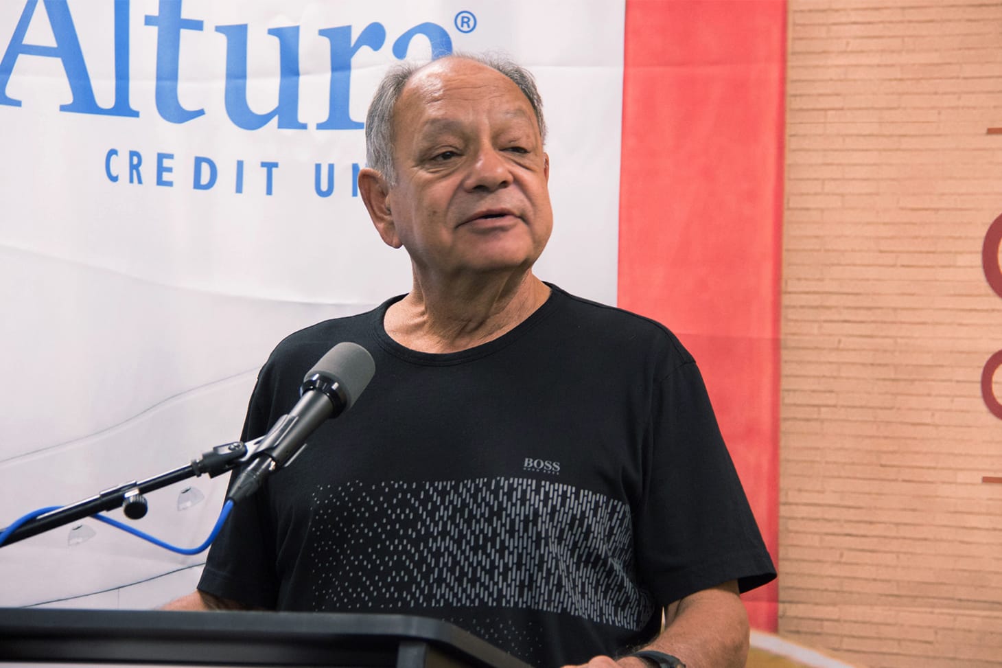 Cheech Marin speaking at the June 7 ceremony in Riverside, CA (photo by the author for Hyperallergic)