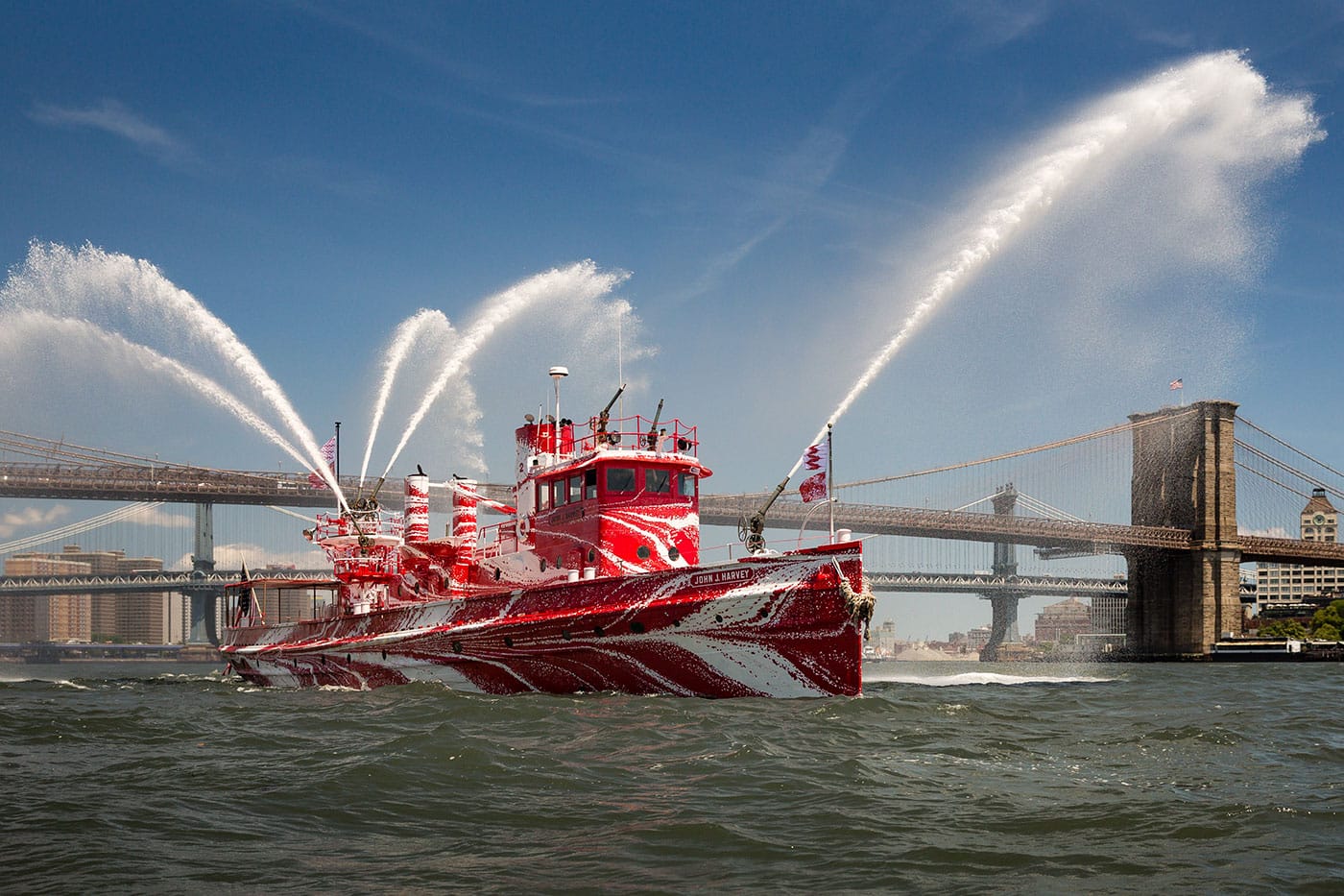 Tauba Auerbach, <em>Flow Separation</em> (2018) (commissioned by Public Art Fund and 14-18 NOW and presented on Fireboat John J. Harvey in New York Harbor, courtesy Paula Cooper Gallery, photo by Nicholas Knight, courtesy Public Art Fund, NY)