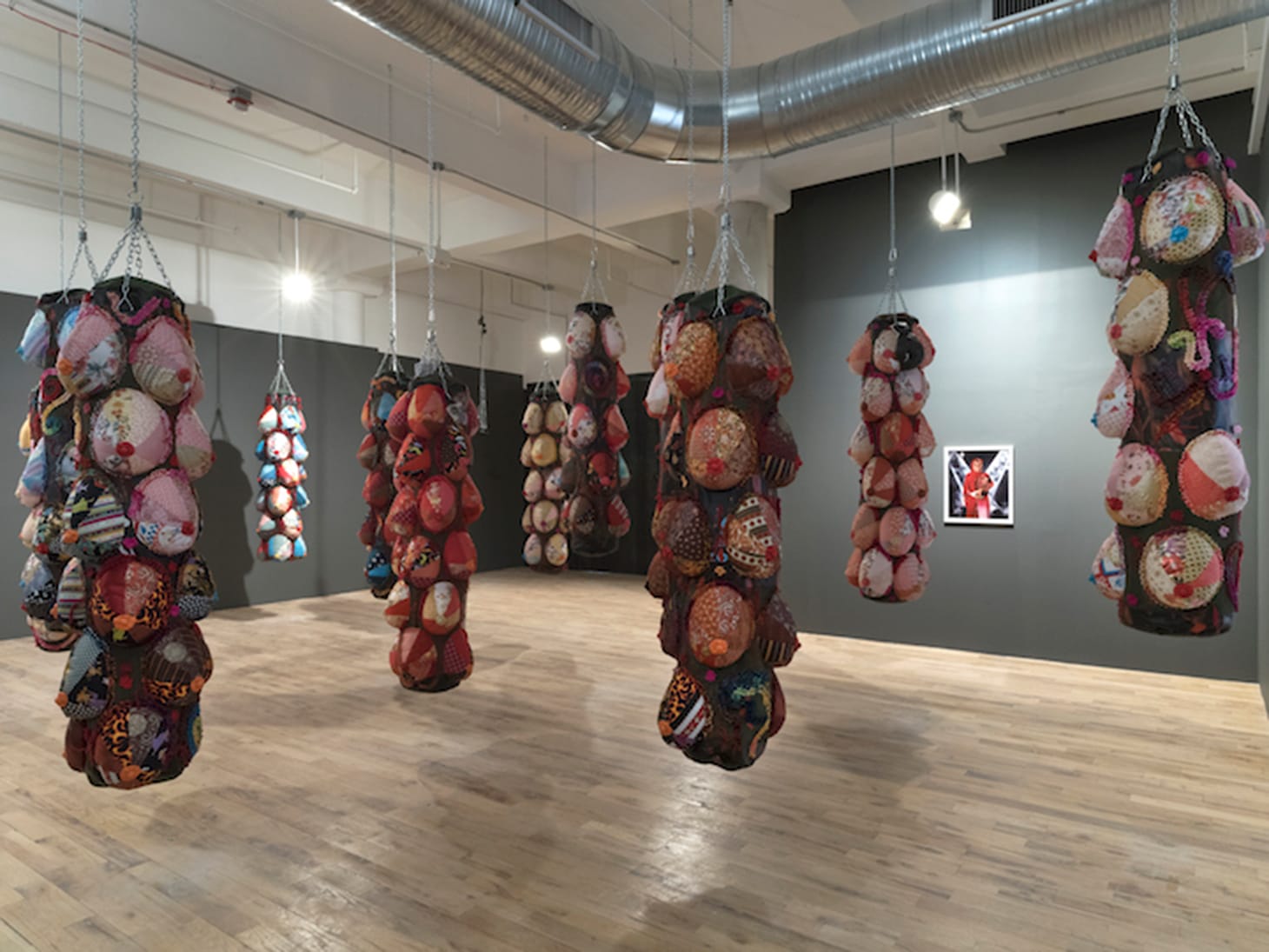 Zhen Guo, "Punching Bag" (2014-15), sewing, collage, and painting, each: 72 x 18 x 18 in. (image courtesy of the artist)