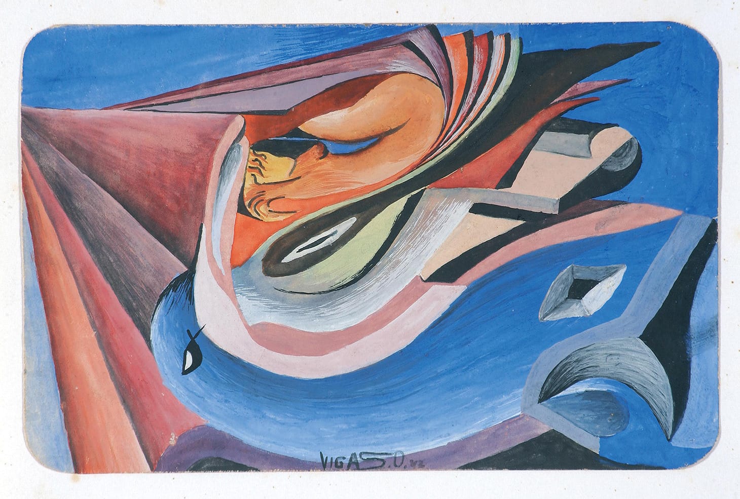 Oswaldo Vigas, "Composicion con pajaro azul" (1942), gouache on cardboard, 4.92 x 7.48 inches (image courtesy of the Oswaldo Vigas Foundation)