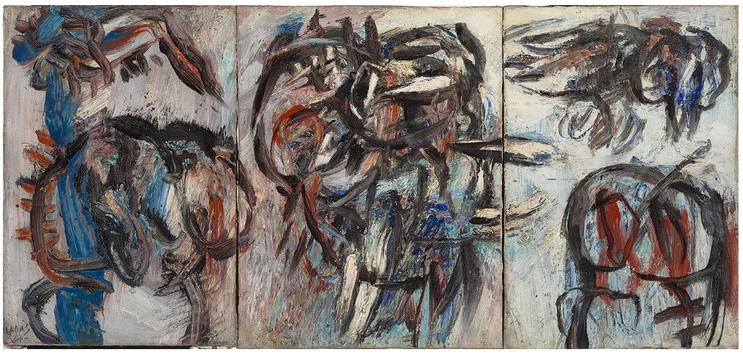 Oswaldo Vigas, "Tríptico II (Terrícolas)" (1963), oil on canvas, 13.7 x 30 inches (image courtesy of the Oswaldo Vigas Foundation)