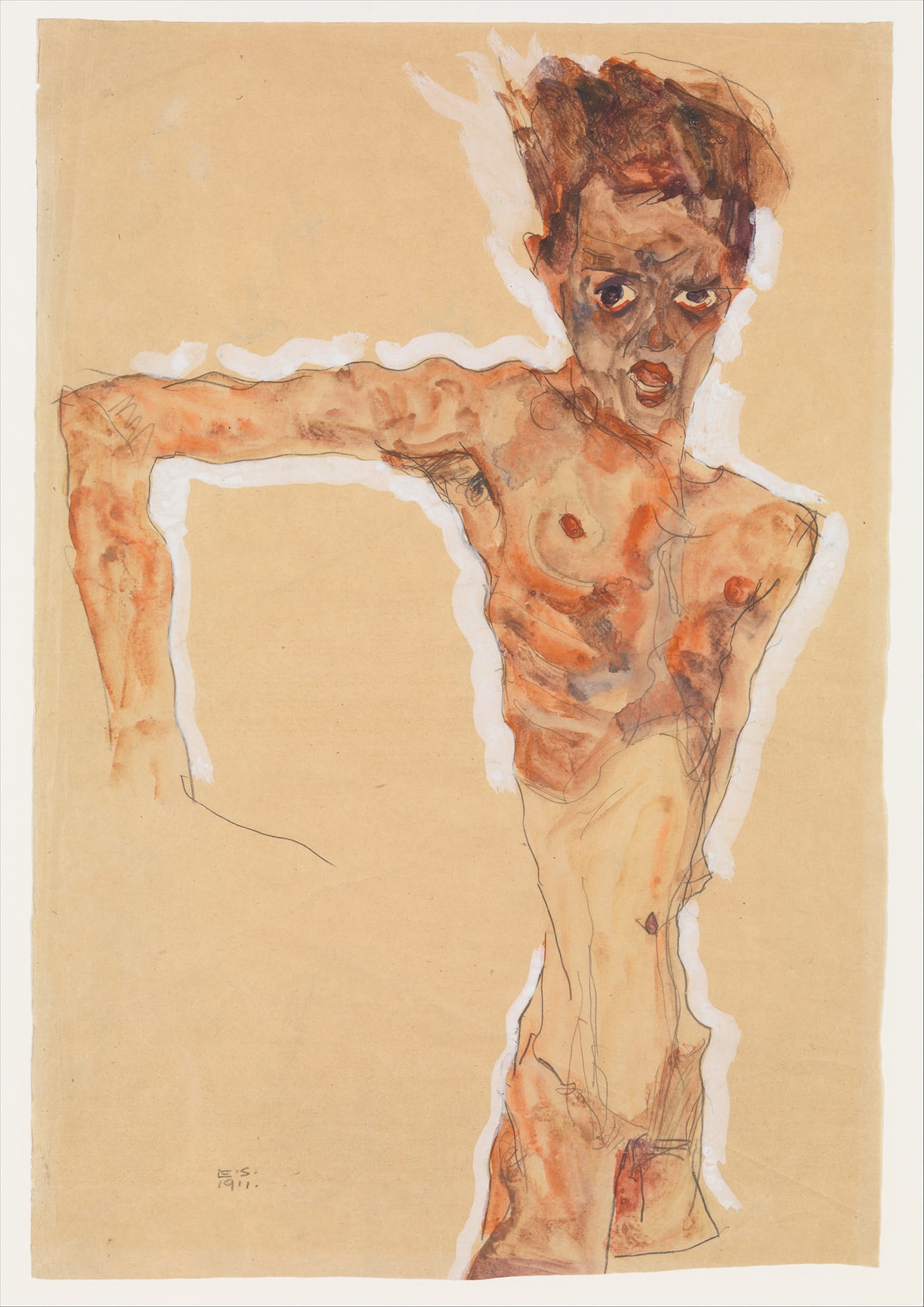Egon Schiele, "Self-Portrait" (1911), watercolor, gouache, and graphite on paper, 20 1/4 x 13 3/4 in., (image bequest of Scofield Thayer, 1982)