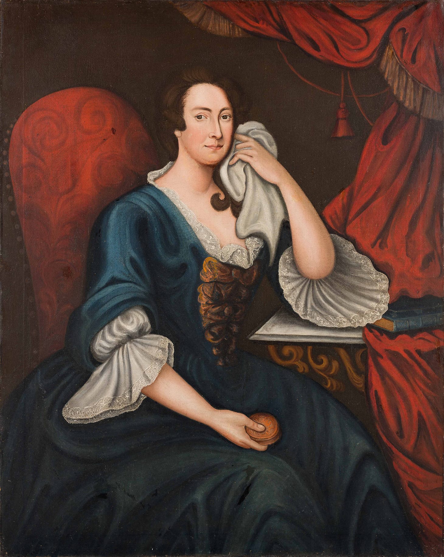 William Dering, "Joyce Armistead Booth (Mrs. Mordecai Booth)" (ca. 1745), oil on canvas, Williamsburg, Virginia, gift of Julia Miles Brock, Edward Taliaferro Milesm and Georginana Serpell Miles in memory of their mother, Alice Taliaferro Miles