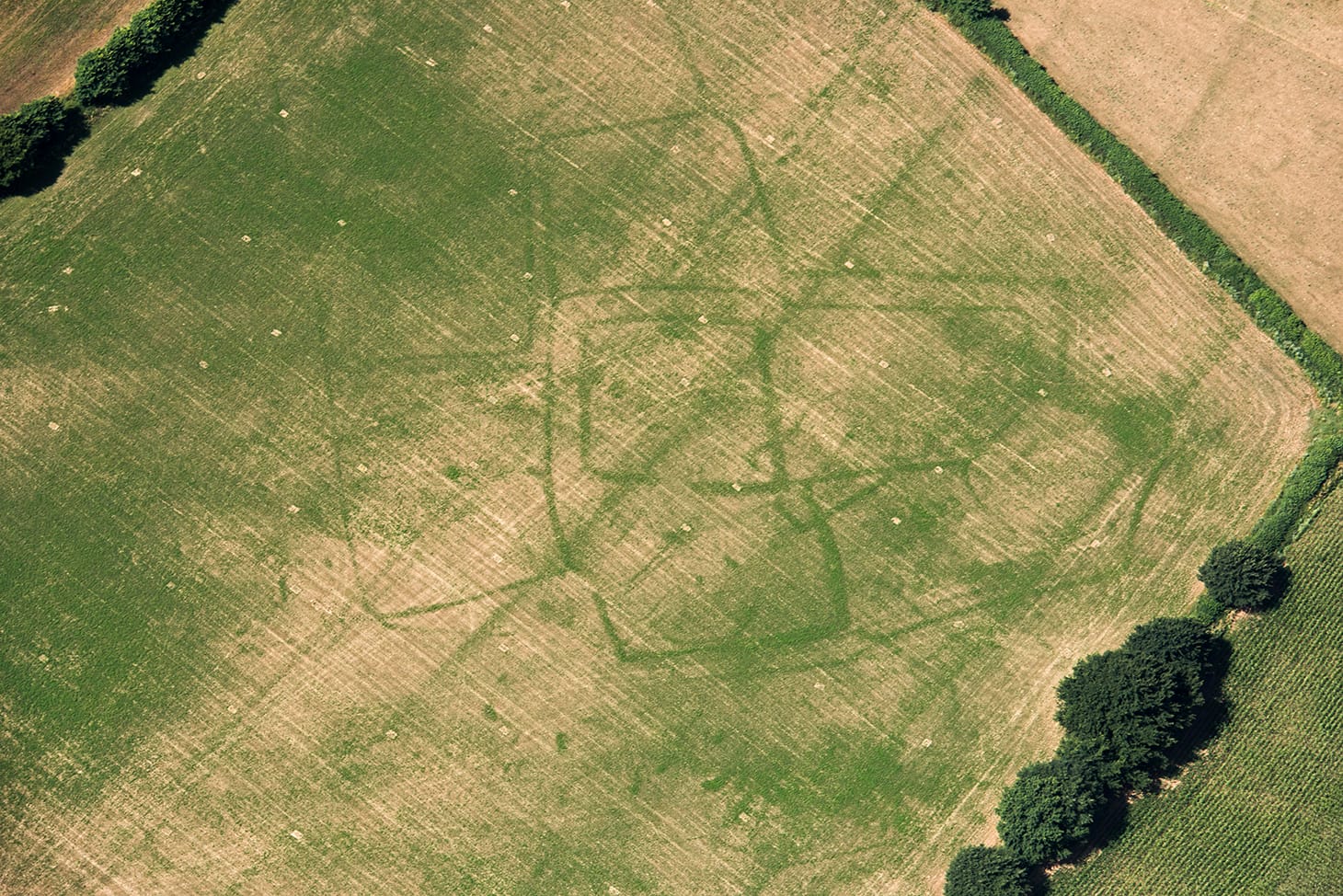 Roman Farm, Bicton, Devon. The photo shows differnt phases of activity. The central enclosure may have contained farm buildings, and then more fields and paddocks were attached to the central area. This form of settlement probably dates to the Roman period. Photo: Damian Grady. Copyright Historic England