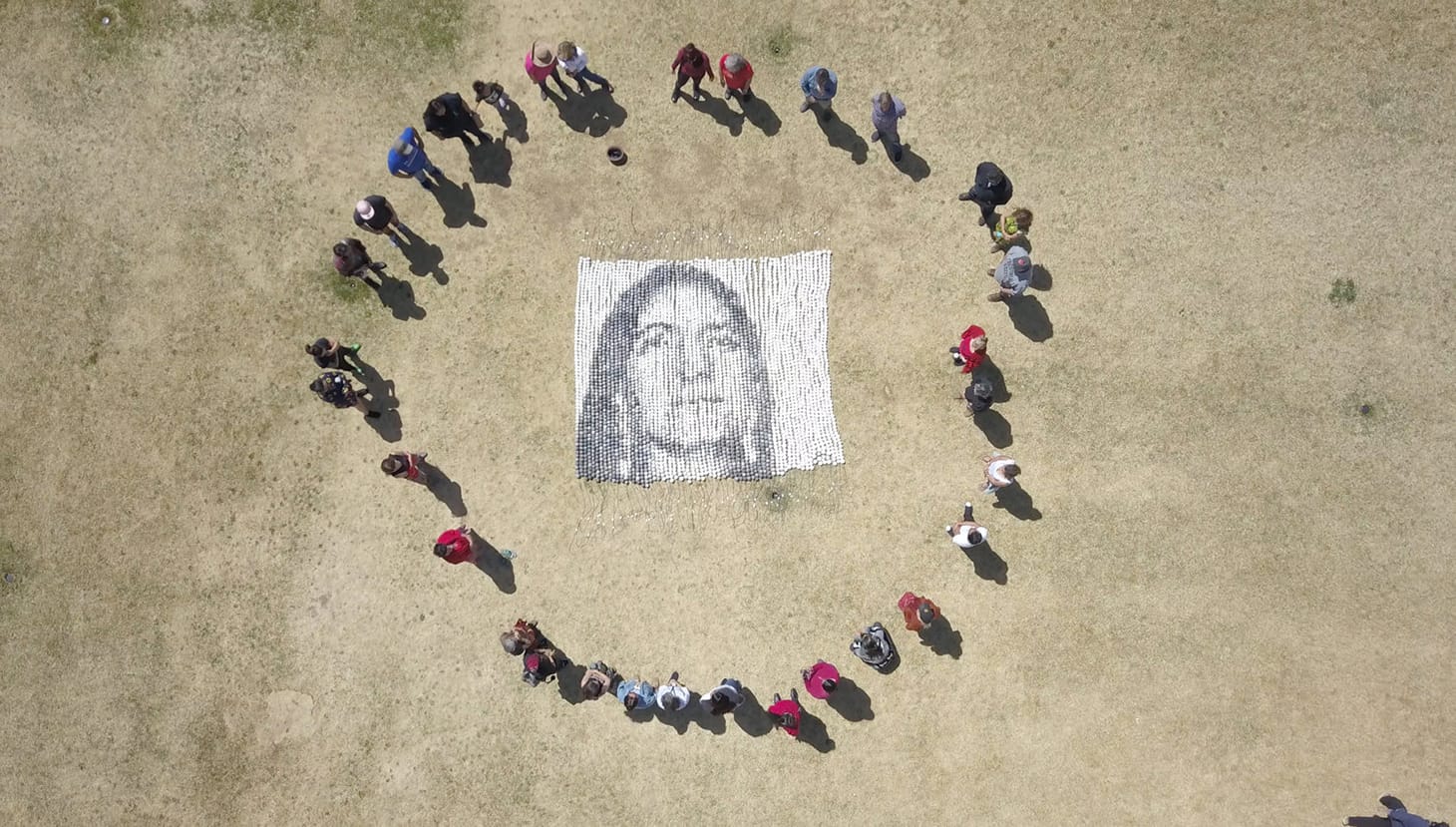 Cannupa Hanska Luger’s “Every One” with collaborators, photographed from an aerial drone