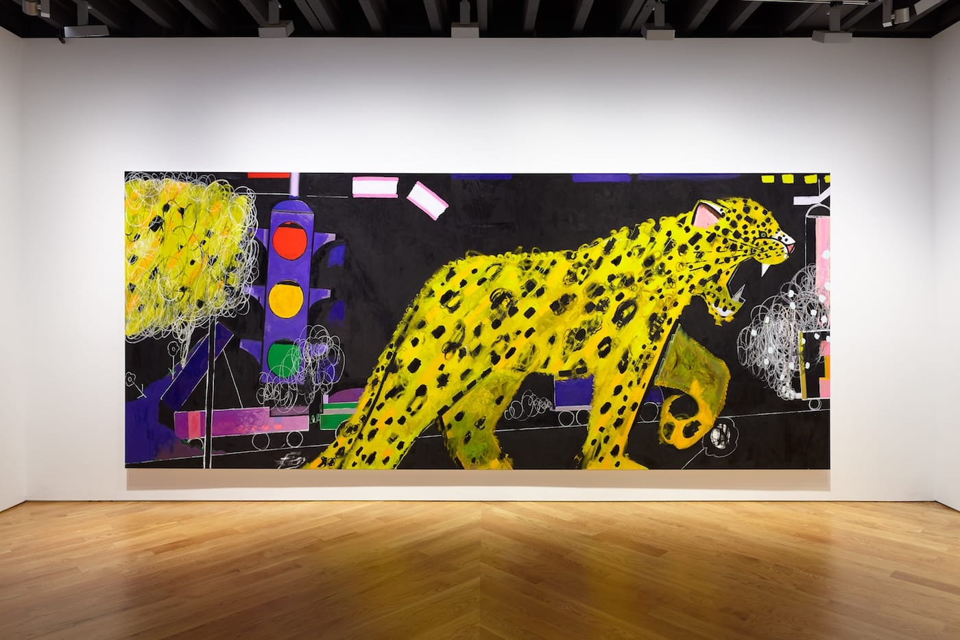 Ellen Berkenblit, "Sunshine" (2018), oil, paintstick, and charcoal on canvas, 84 x 200 inches