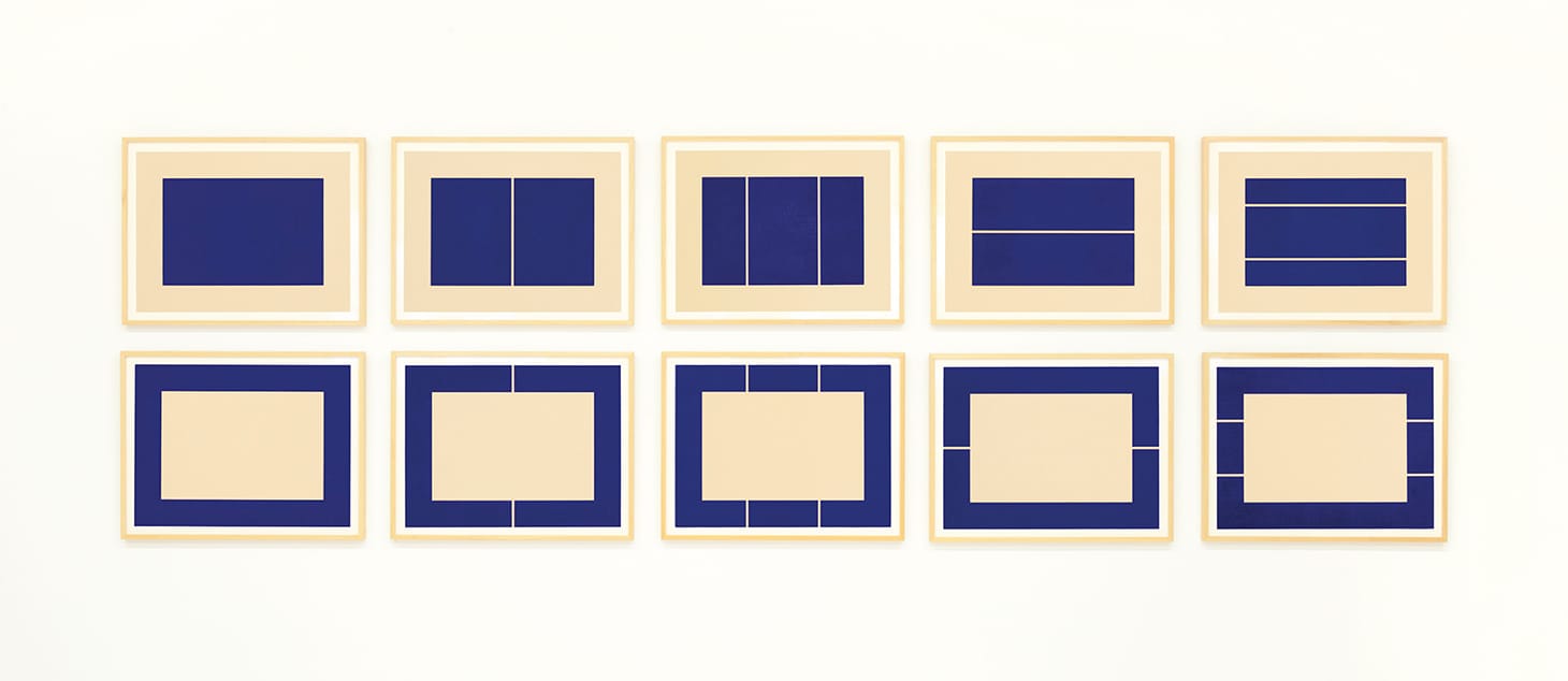 Donald Judd, "Untitled" (1988), the complete set of ten woodcuts printed in ultramarine blue, on Okawara paper, published by Brooke Alexander Editions, New York, printed by Derrière L’Etoile Studios, New York, the full sheets, in excellent condition, framed, sheets 600 x 800 mm. each (image courtesy Christie's)