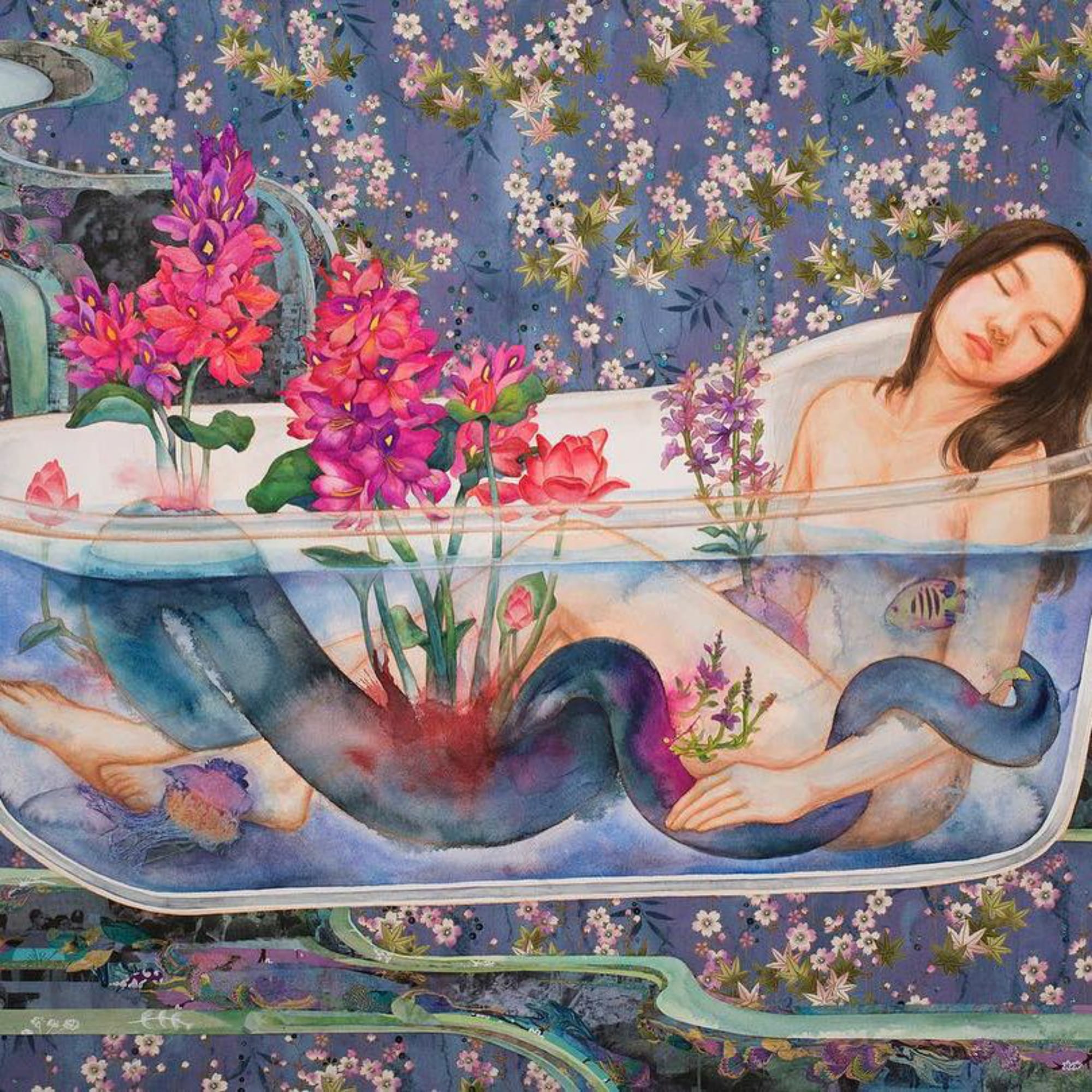 Suyeon Na, “Flow” (2015), watercolor, gouache on rice paper, 36 x 48 inches (image courtesy the artist and Barney Savage Gallery)