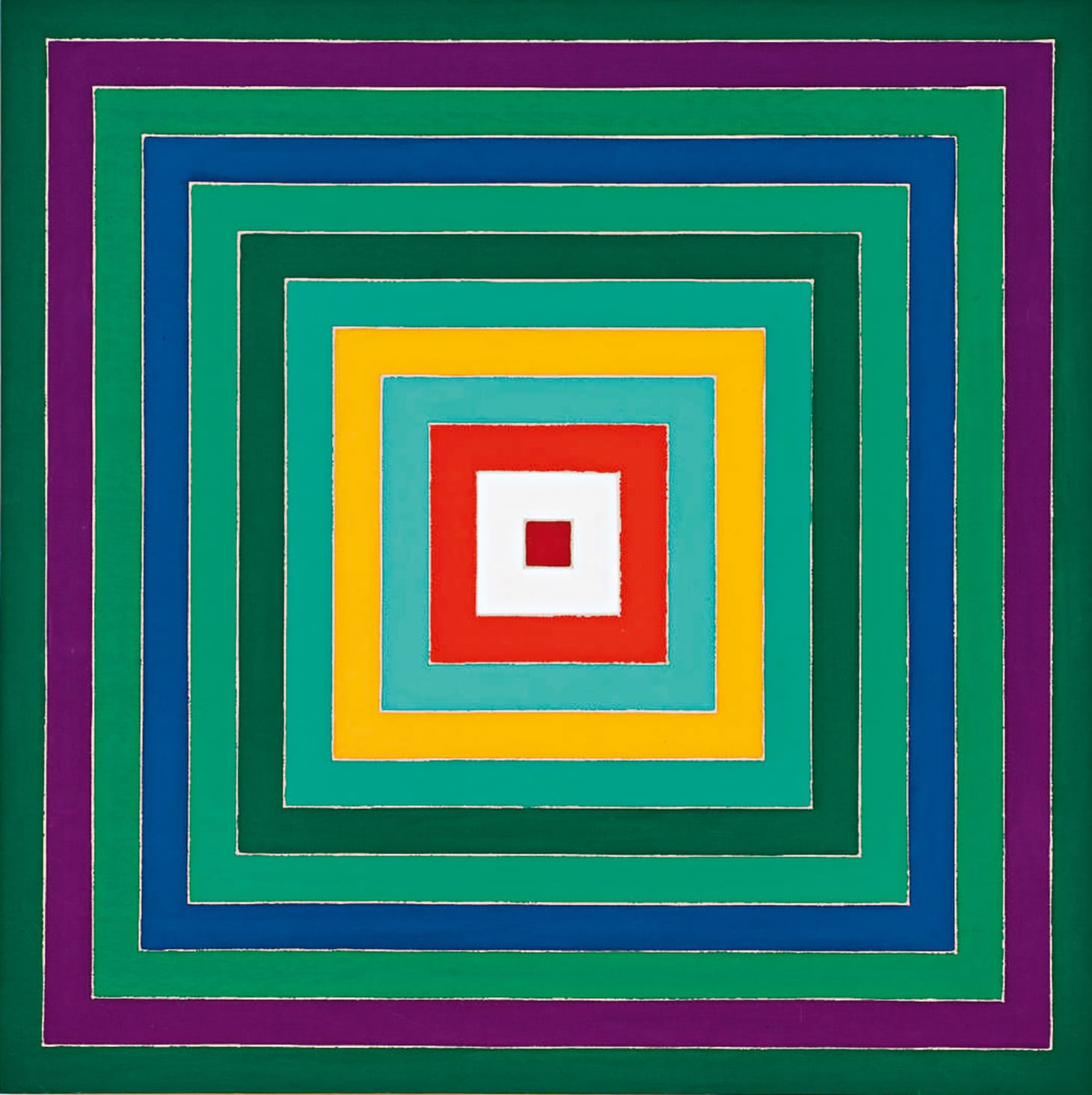 Frank Stella, "Scramble: Descending Green Values/Descending Spectrum" (1977), acrylic on canvas, 69 x 69 inches (image courtesy Sotheby's)