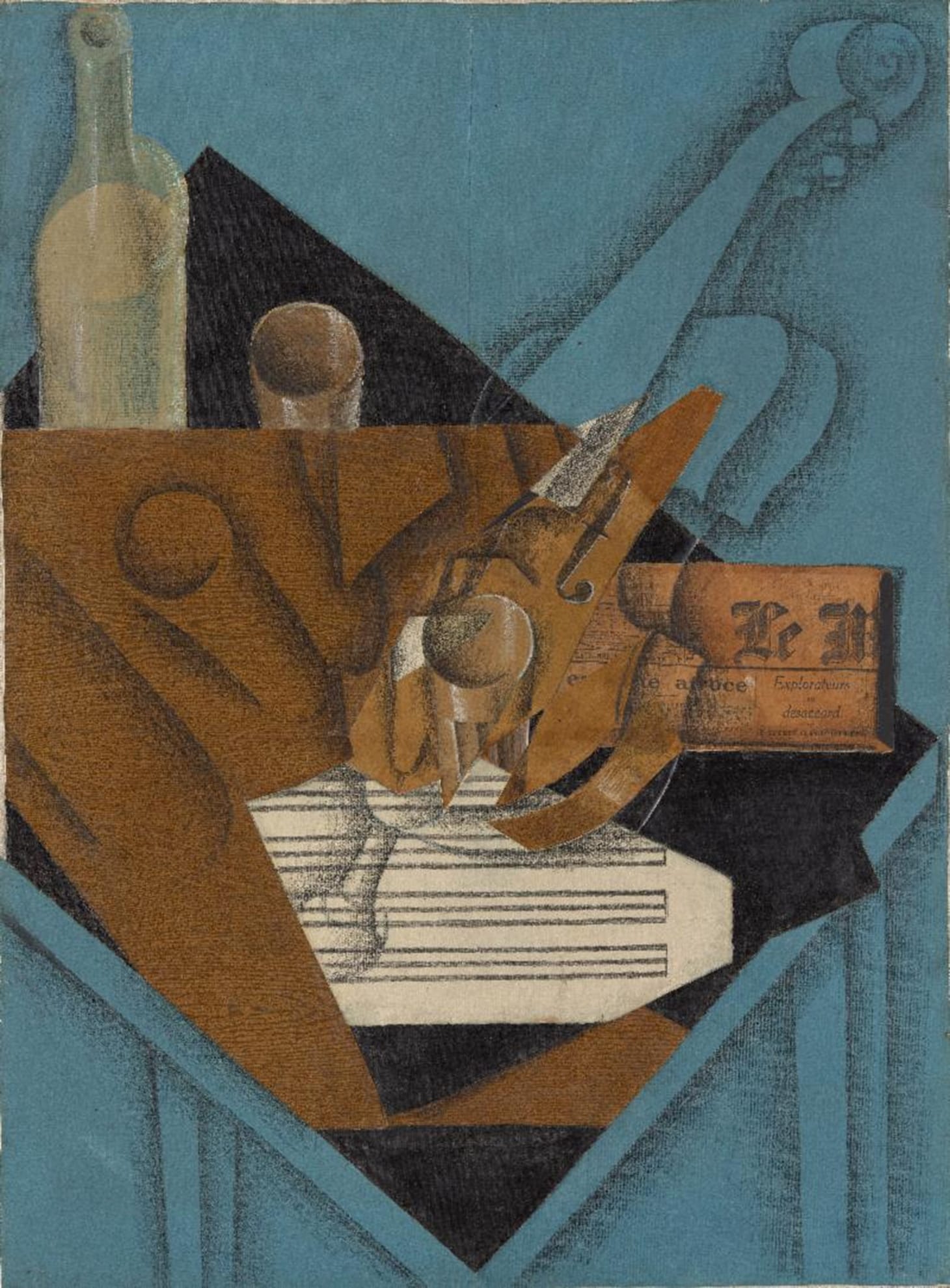 Juan Gris, "The Musician's Table" (1914), charcoal, wax crayon, gouache, cut-and-pasted printed wallpaper, blue and white laid papers, transparentized paper, newsprint, and brown wrapping paper; selectively varnished on canvas (image courtesy The Metropolitan Museum of Art)