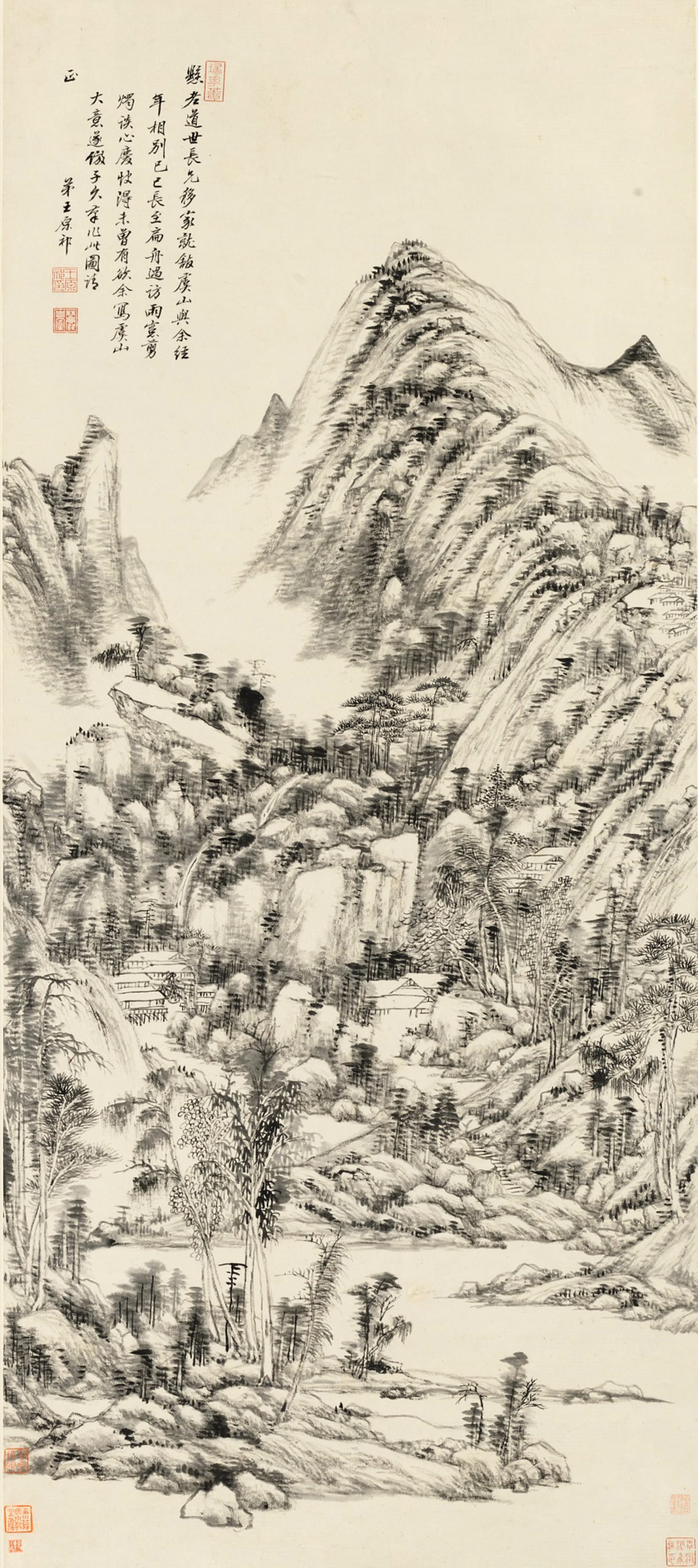 Wang Yuanqi, "Landscape of Yushan" (dated jisi, summer solstice(June 21, 1689)), with three seals of the artist, sao hua an, wang yuan qi yin, lu tai ink on paper, hanging scroll 51 x 22 1/2 inches (image courtesy Sotheby's)