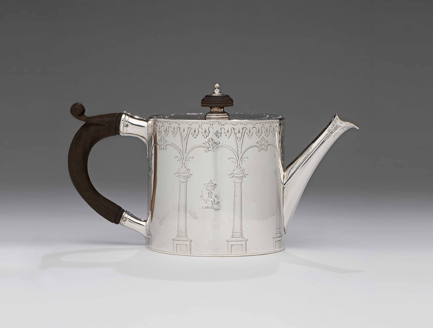 Teapot (1771-1772), marked by Andrew Fogelberg, sterling silver and wood (image courtesy the Art Museums of Colonial Williamsburg)