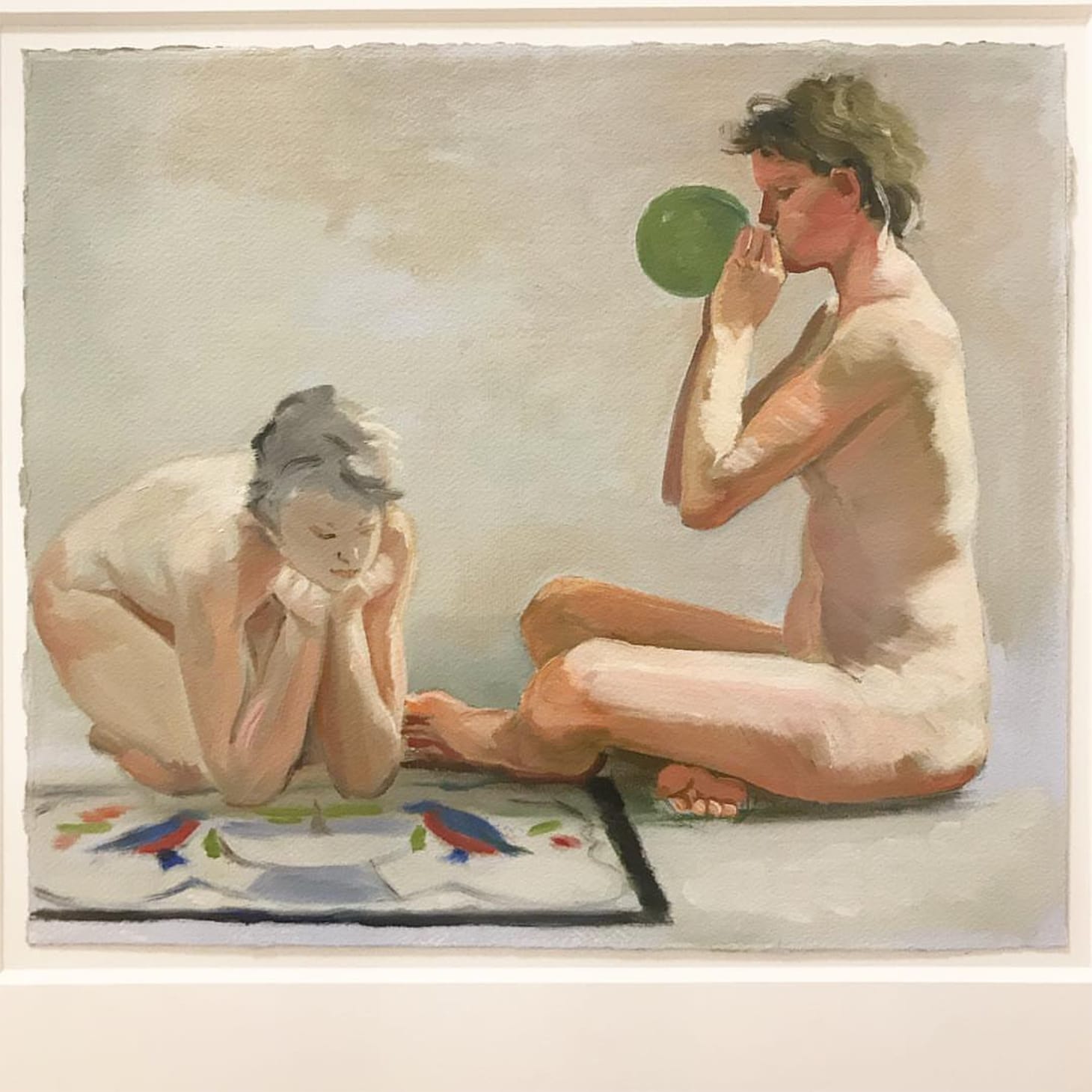 Jillian Denby, “Two Women with Balloon” (1982), oil on prepared paper, 22.5 x 21.5 inches (framed) (image courtesy the artist and Barney Savage Gallery)