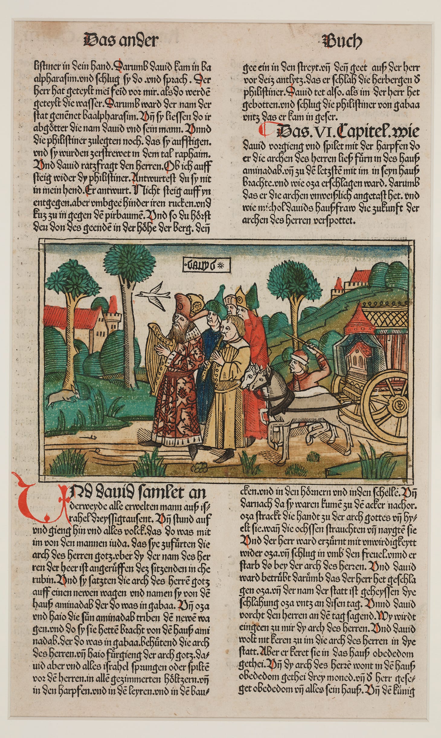 15th century German Artist, David and the Ark of the Covenant, page from the Cologne Bible, late 15th century, published in Cologne, Germany, printed by Heinrich Quentell and Bartholomäus von Unckel, hand-colored woodcut on paper, gift of the Dallas Print Society (image courtesy Dalles Museum of Art)