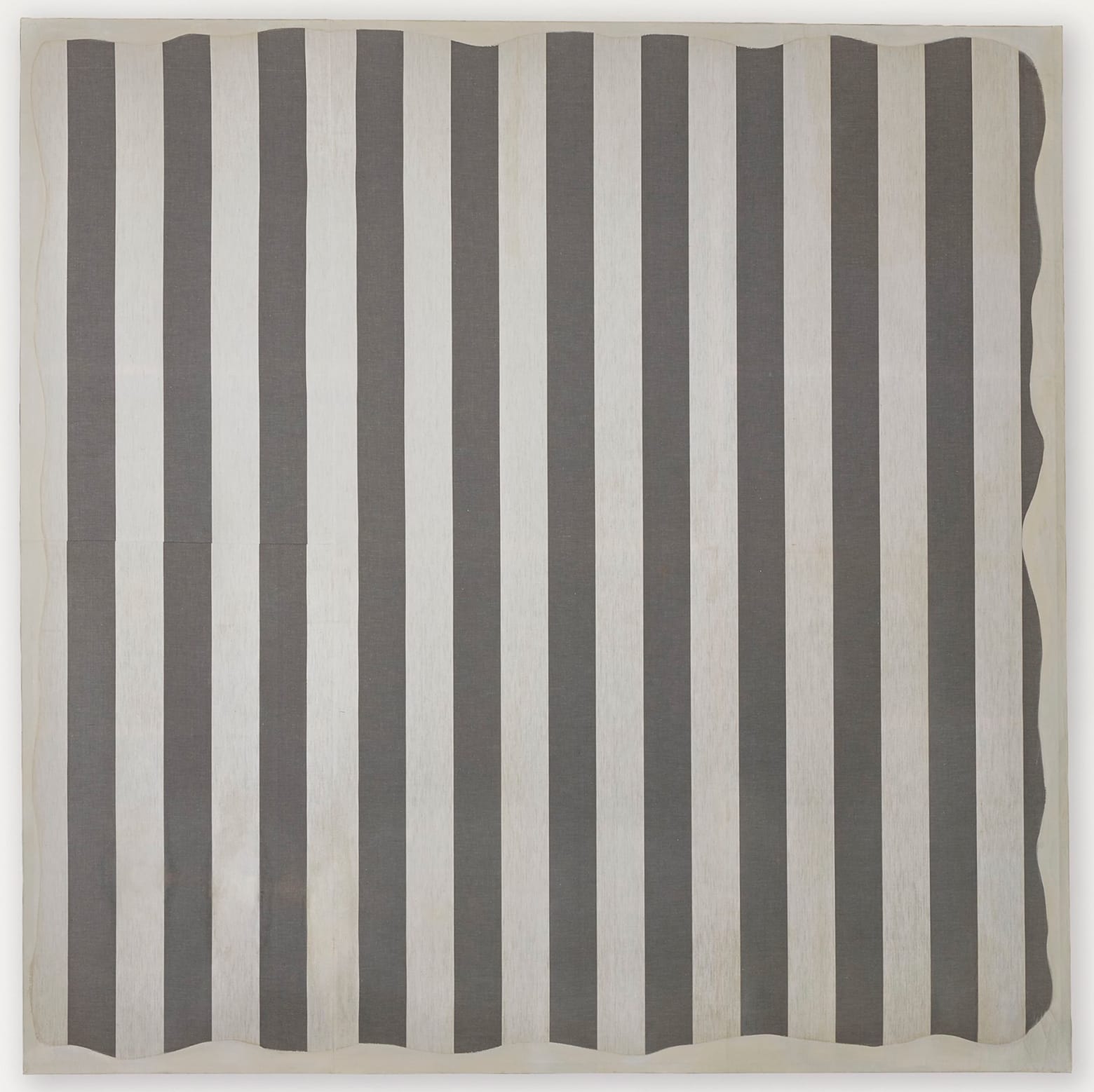 Daniel Buren, "Peinture aux formes variables" (1966), paint on cotton cloth with white and grey stripes, alternating and vertical, of 8.7 centimeters wide each, 74 ¾ x 74 3/8 inches (image courtesy Christie's)