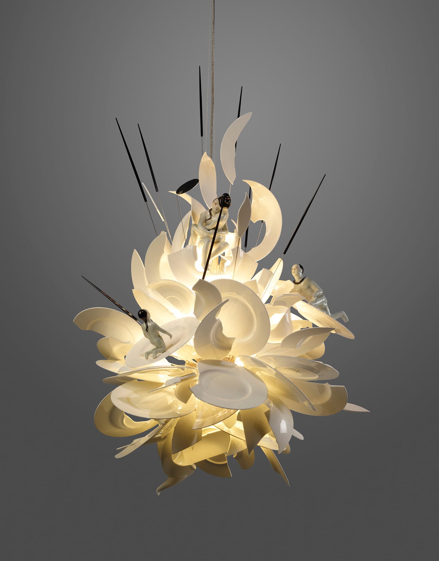 Ingo Maurer, "Porca Miseria! Chinese Love," first conceived 1994, this version executed 2017, produced by Ingo Maurer GmbH, Munich, Germany, from the production of 2, steel mesh, steel, glazed porcelain and hand painted porcelain figures, painted wood chopsticks 47 ¼ high x 32 inches diameter (image courtesy Christie's)