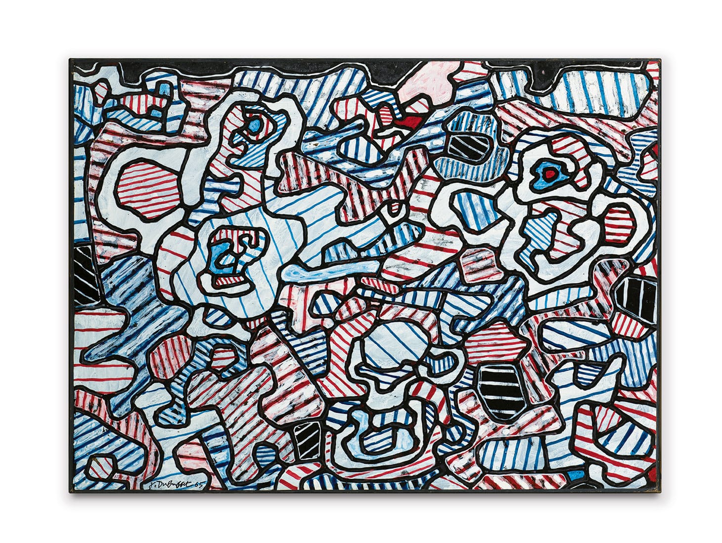 Jean Dubuffet, "Cafetière, Tasse et Soucoupe, Sucrier" (1965), inscribed vernis V14 on the reverse vinyl paint on paper, mounted on canvas, 19 7/8 x 27 inches (image courtesy Sotheby's)