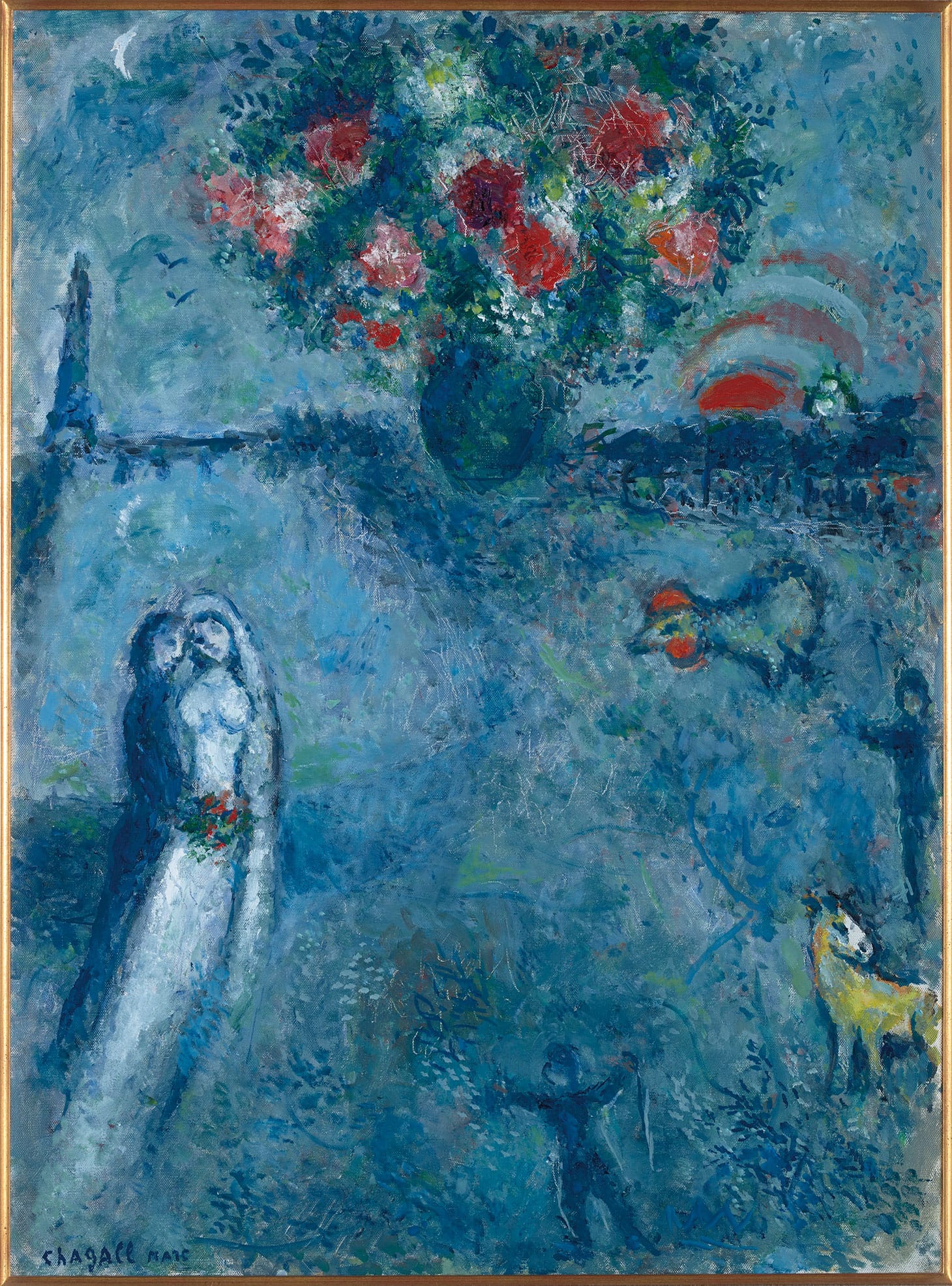 Marc Chagall "Les mariés au bord de la Seine" (c. 1980), tempera and oil on canvas, 28¾ x 21¼ inches (image courtesy Christie's) 