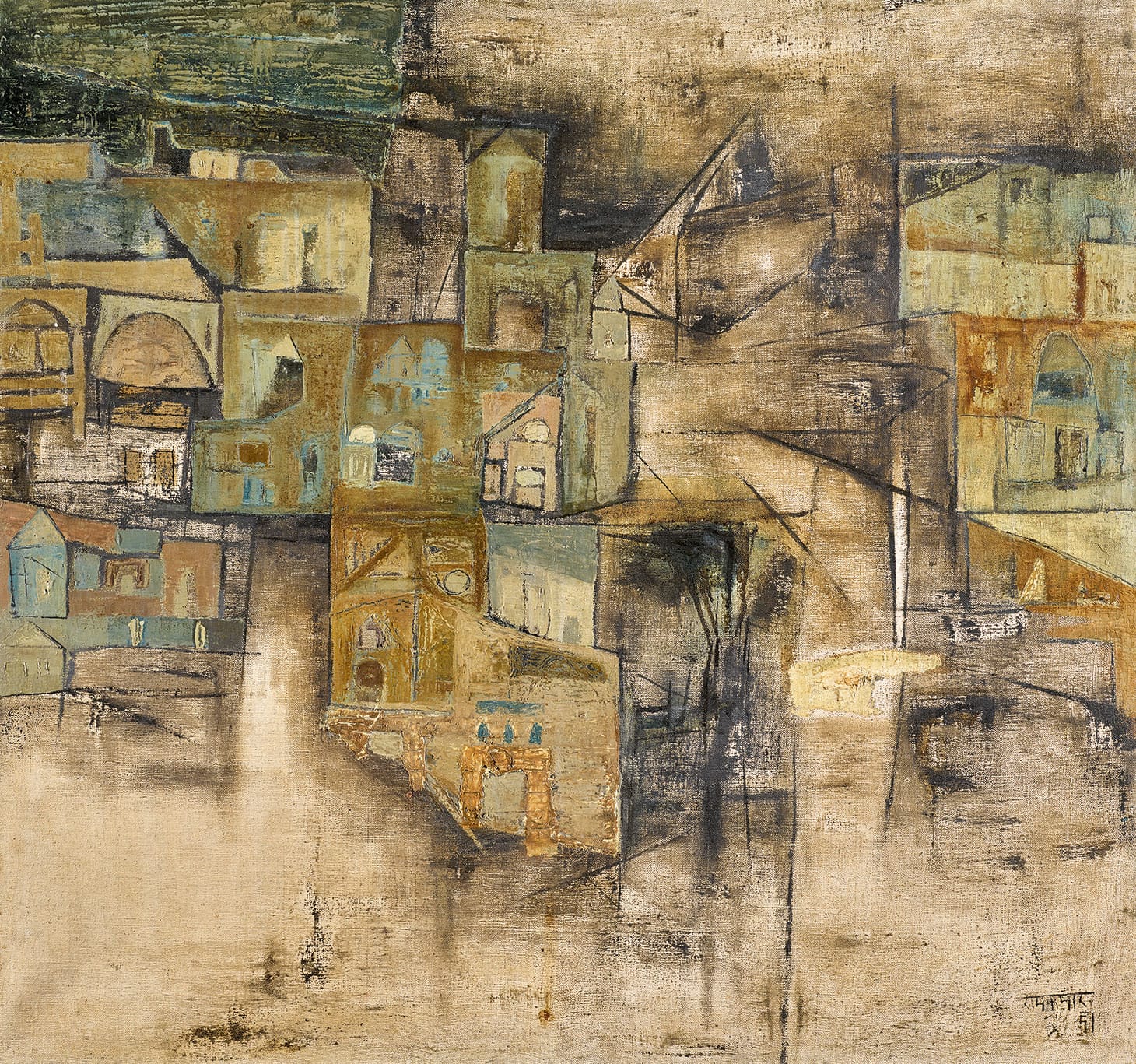 Ram Kumar, "Untitled (Benares Ghat)" (c. 1960s), oil on canvas, 29 ⅞ x 31 ⅞ inches (image courtesy Sotheby's)