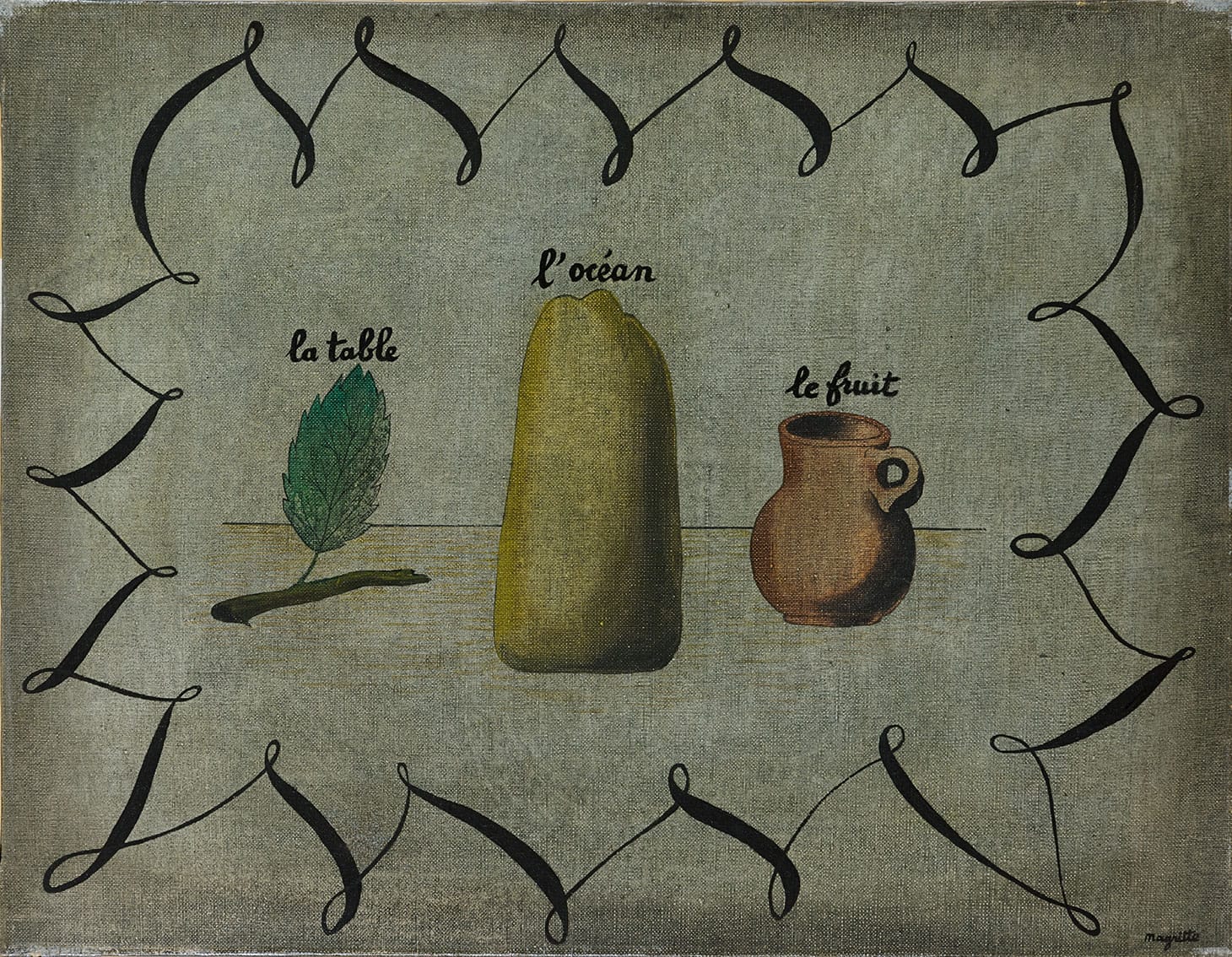 René Magritte,"La Table, L'Océan et le Fruit" (1927), oil on canvas, 19 5/8 x 25 5/8 inches (image courtesy Sotheby's)