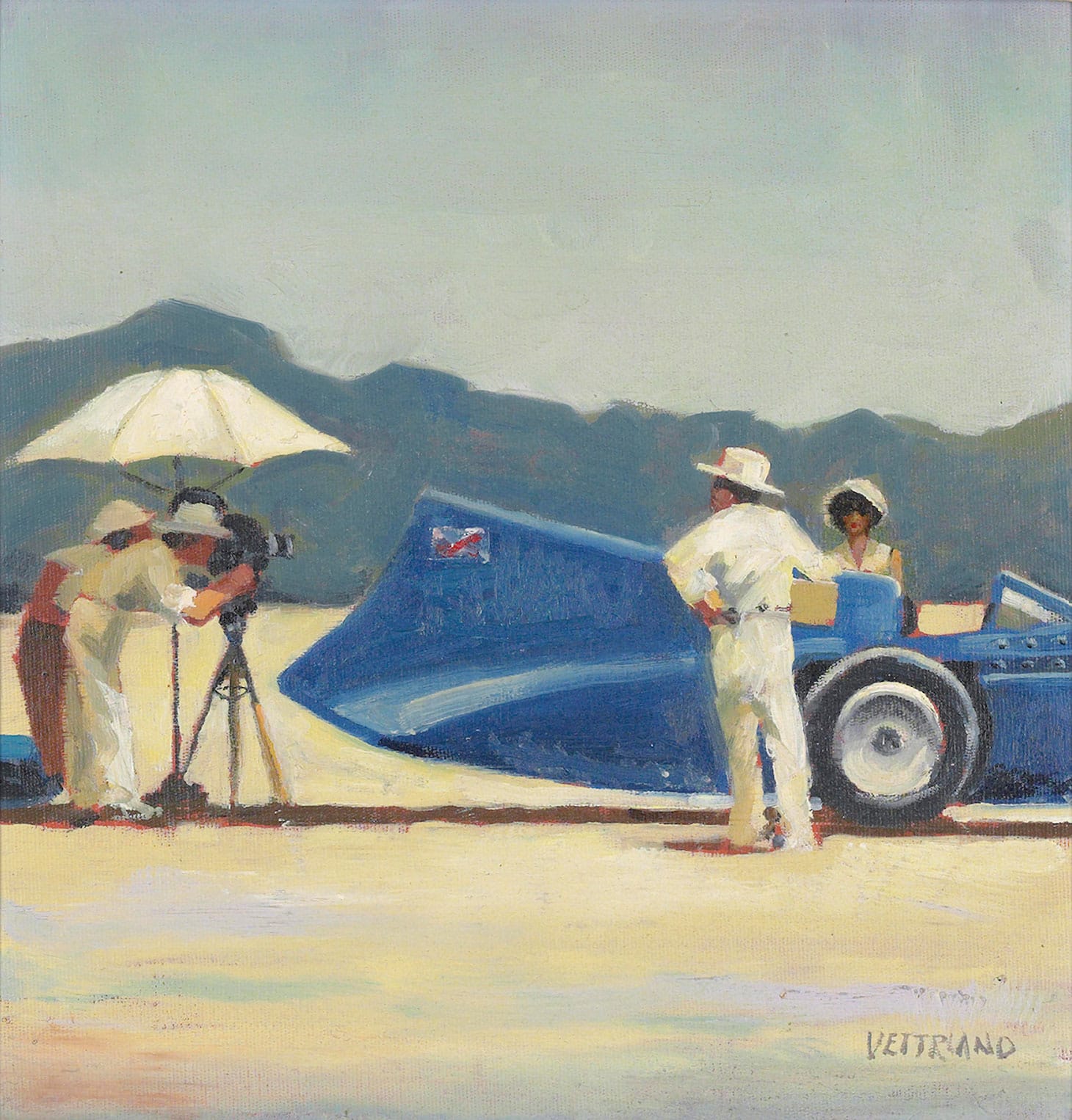Jack Vettriano, "Study for 'Bluebird at Bonneville'" (1996), oil on canvas-board, 11 3/4 x 11 3/4 inches (image courtesy Christie's)