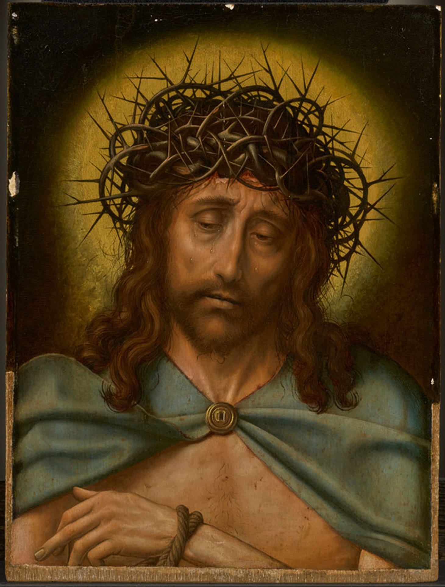 Quentin Metsys, "Christ as the Man of Sorrows" (c. 1520–30), oil on panel, 19 1/2 x 14 1/2 inches [pre-conservation] (image courtesy the Getty Museum)
