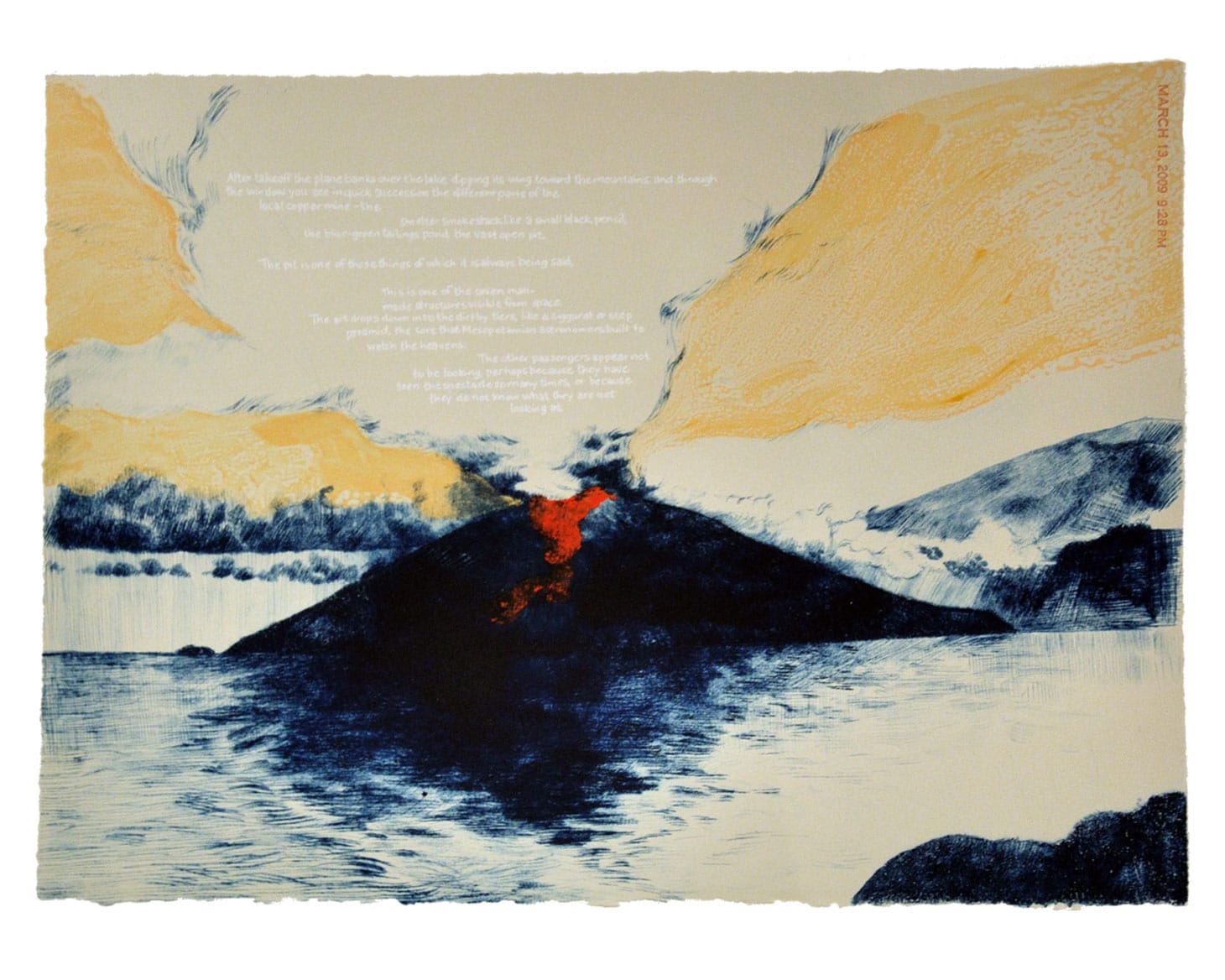Serena Perrone, "A Volcano Pilgrim in Exchange for Fire" (detail, 2010), drypoint, gouache monotypes, screen print, letterpress on paper (one of 20 prints with one letterpress colophon in linen box), 11 x 15 inches each, 11 inches x 25 feet overall, edition of four (image courtesy The Metropolitan Museum of Art, New York)
