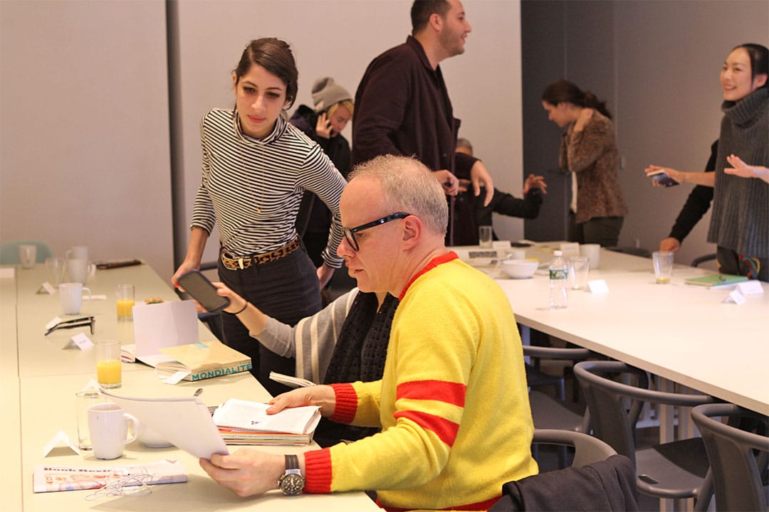 Hans Ulrich Obrist with fellows of the MA Curatorial Practice program at SVA. Photo by Birdie Piccininni.