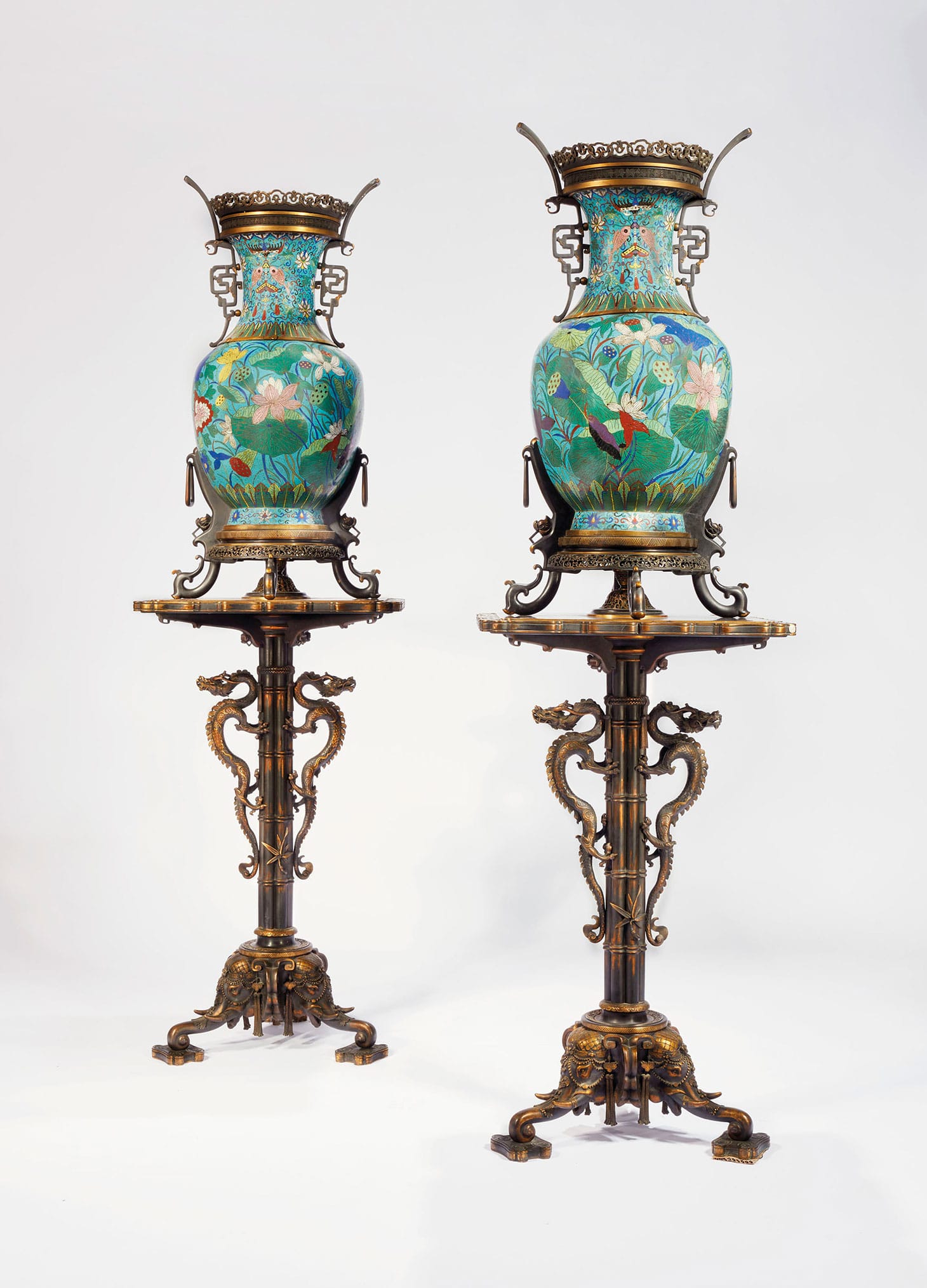 Pair of monumental vases in closed emaux mounted on their bases in bronze patina and gold, China, Qing Dynasty (1796–1820), mounts and bases by Ferdinand Barbedienne, the drawings assigned to Edouard Lievre, second half of Xixeme Century