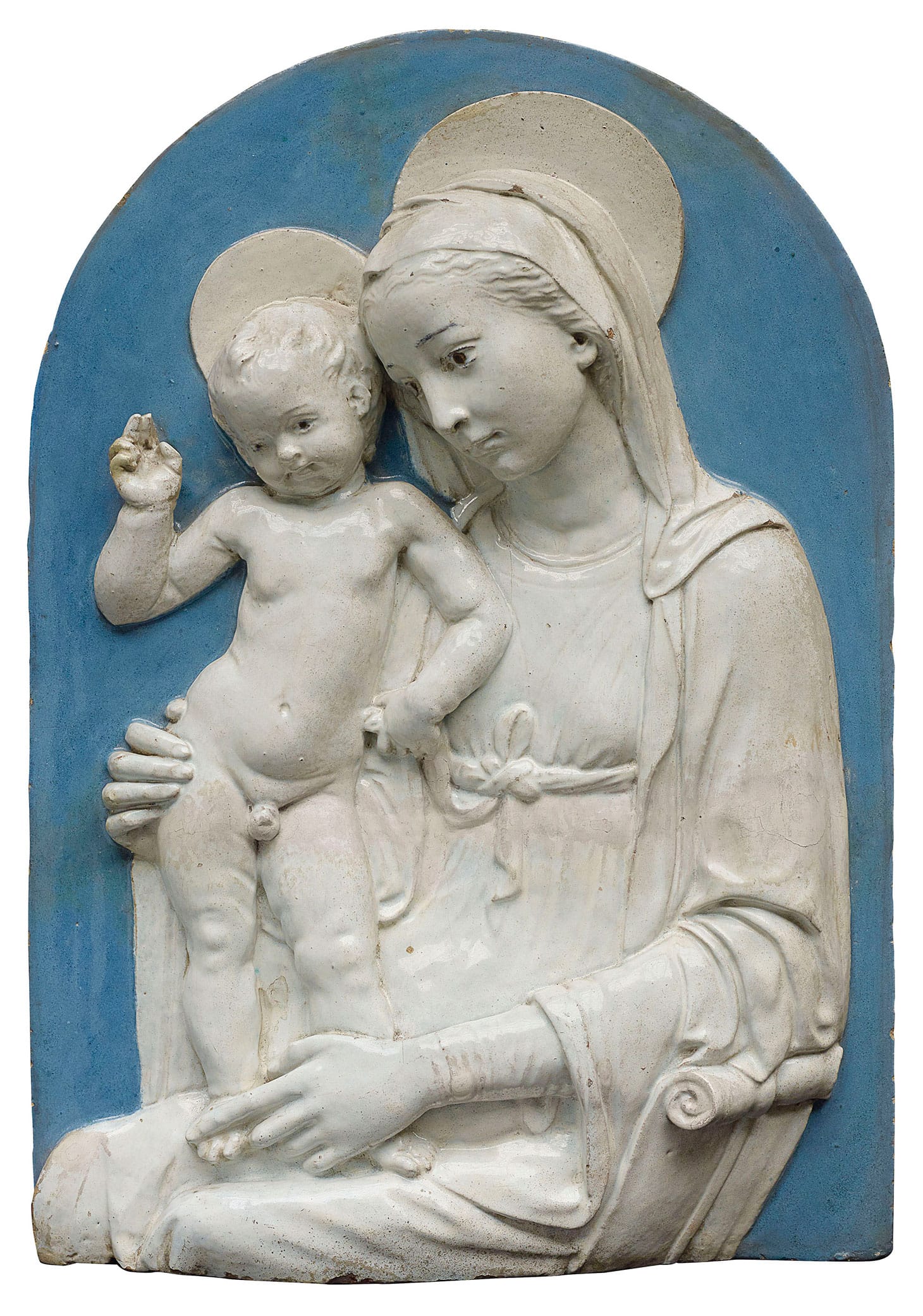 Andrea Della Robbia, "The Virgin and Child" (c. 1485), blue and white glazed terracotta relief, in a later parcel-gilt wood frame, 18 x 12 inches, 26 1/2 x 19 inches, overall (image courtesy Christie's)