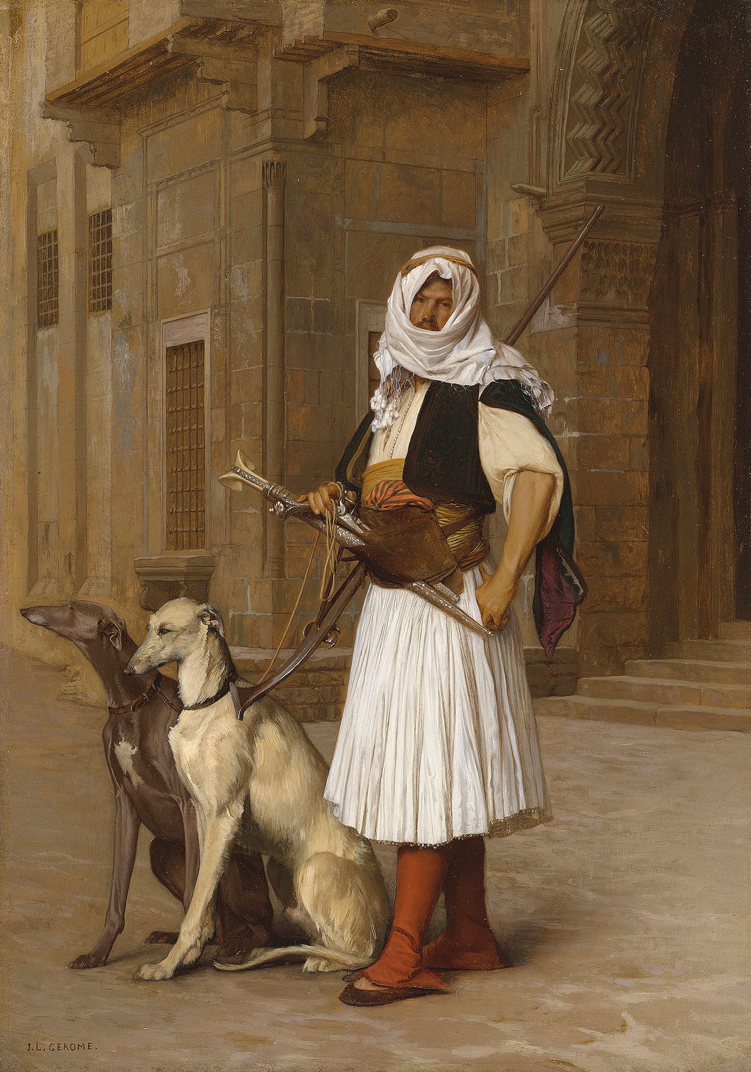 Jean-Léon Gérôme, "Arnaut and two Whippets" (1867), oil on panel, 14 x 9 3/4 inches (image courtesy Christie's)
