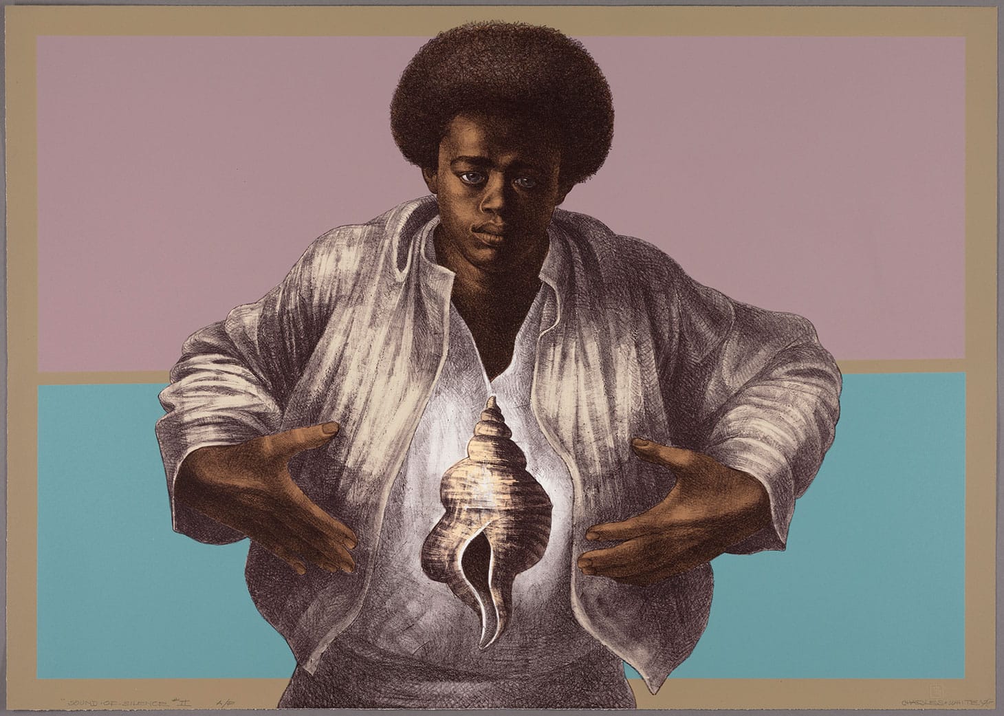 Charles White, "Sound of Silence" (1978), printed by David Panosh, published by Hand Graphics, Ltd., color lithograph on paper, 25 1/8 × 35 5/16 inches (image courtesy The Art Institute of Chicago, Margaret Fisher Fund, © 1978 The Charles White Archives)