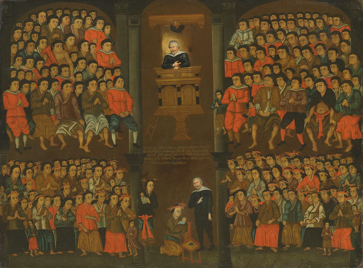 Chinese School, "The Dutch missionary Robert Junius baptizing the new Christians at Formosa" (1643), oil on canvas, 37 1/2 x 50 1/2 inches (image courtesy Christie's)