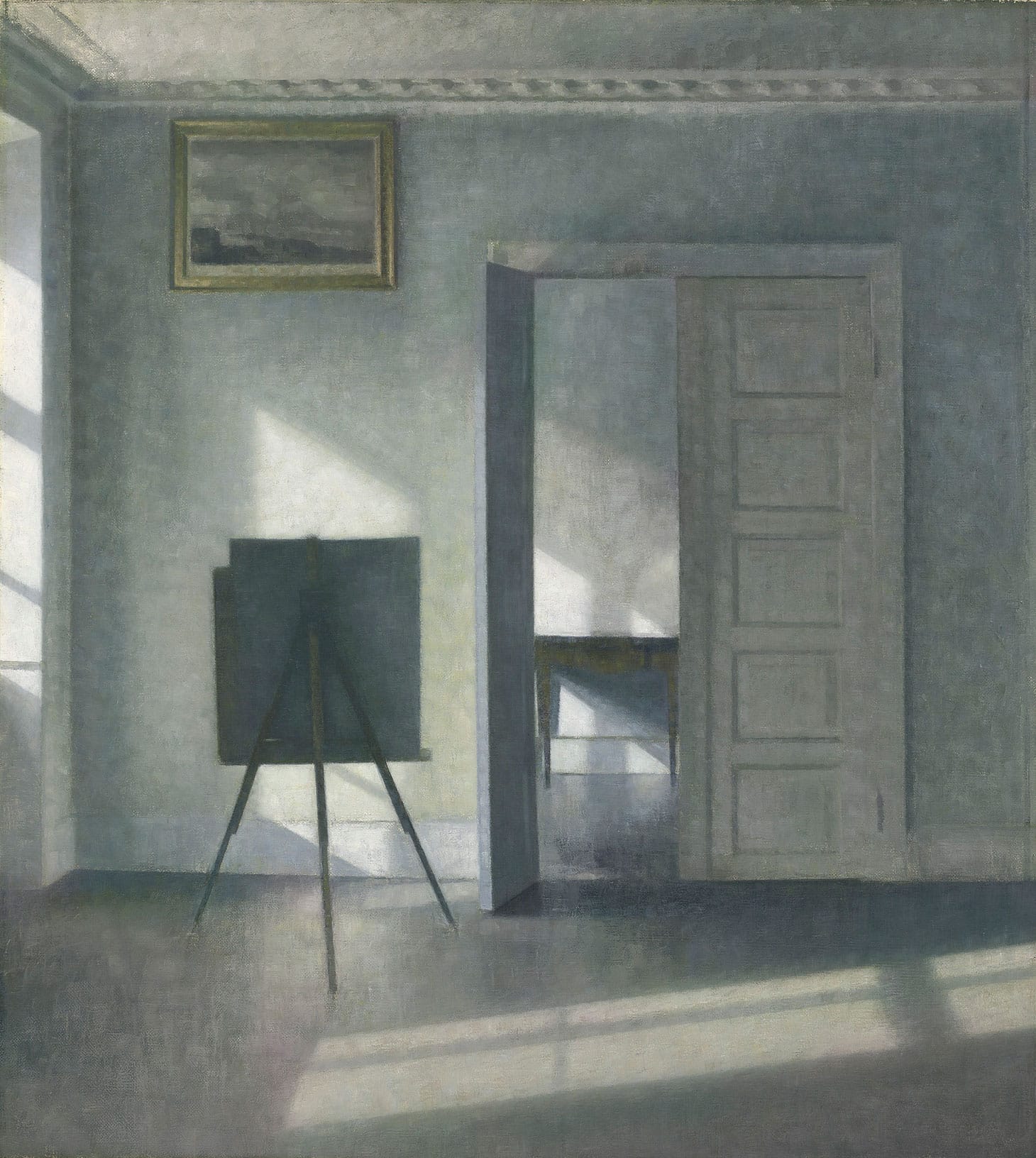 Vilhelm Hammershøi, "Interior with an Easel, Bredgade 25" (1912) (image courtesy the J. Paul Getty Museum)
