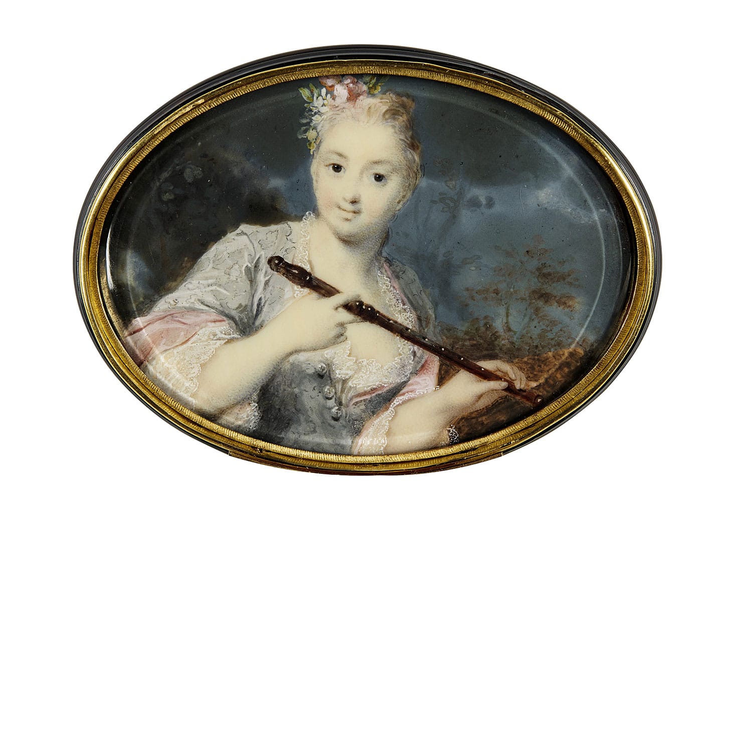 Rosalba Carriera, "Portrait of a Lady Holding a Flute" (c. 1715), watercolor and bodycolor on ivory, set inside the lid of a gold mounted tortoiseshell box, the lid and base decorated in two color gold piqué, 53 x 75 mm. (image courtesy Sotheby's)